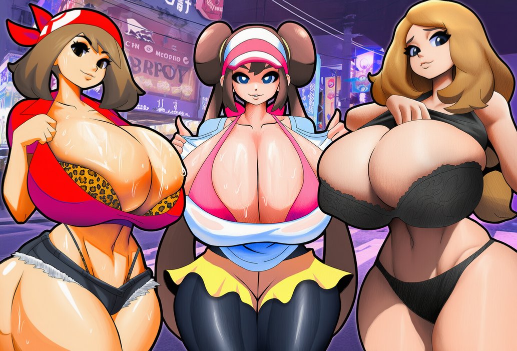 3girls, ai generated, big ass, bigger & better, bikini, bikini under clothes, breasts, clothed, female, female only, huge ass, huge breasts, inner sideboob, may (pokemon), nintendo, pokemon, public, public exposure, revealing clothes, rosa (pokemon), serena (pokemon), sideass, sideboob, sling bikini, teasing
