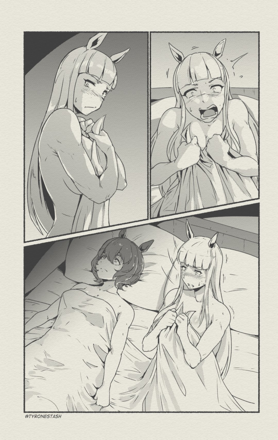 2girls, agnes tachyon (umamusume), animal ears, aunt and niece, breasts, female, female only, fit female, gold ship (umamusume), monochrome, panels, sideboob, towel, towel only, tyronestash, umamusume, yuri