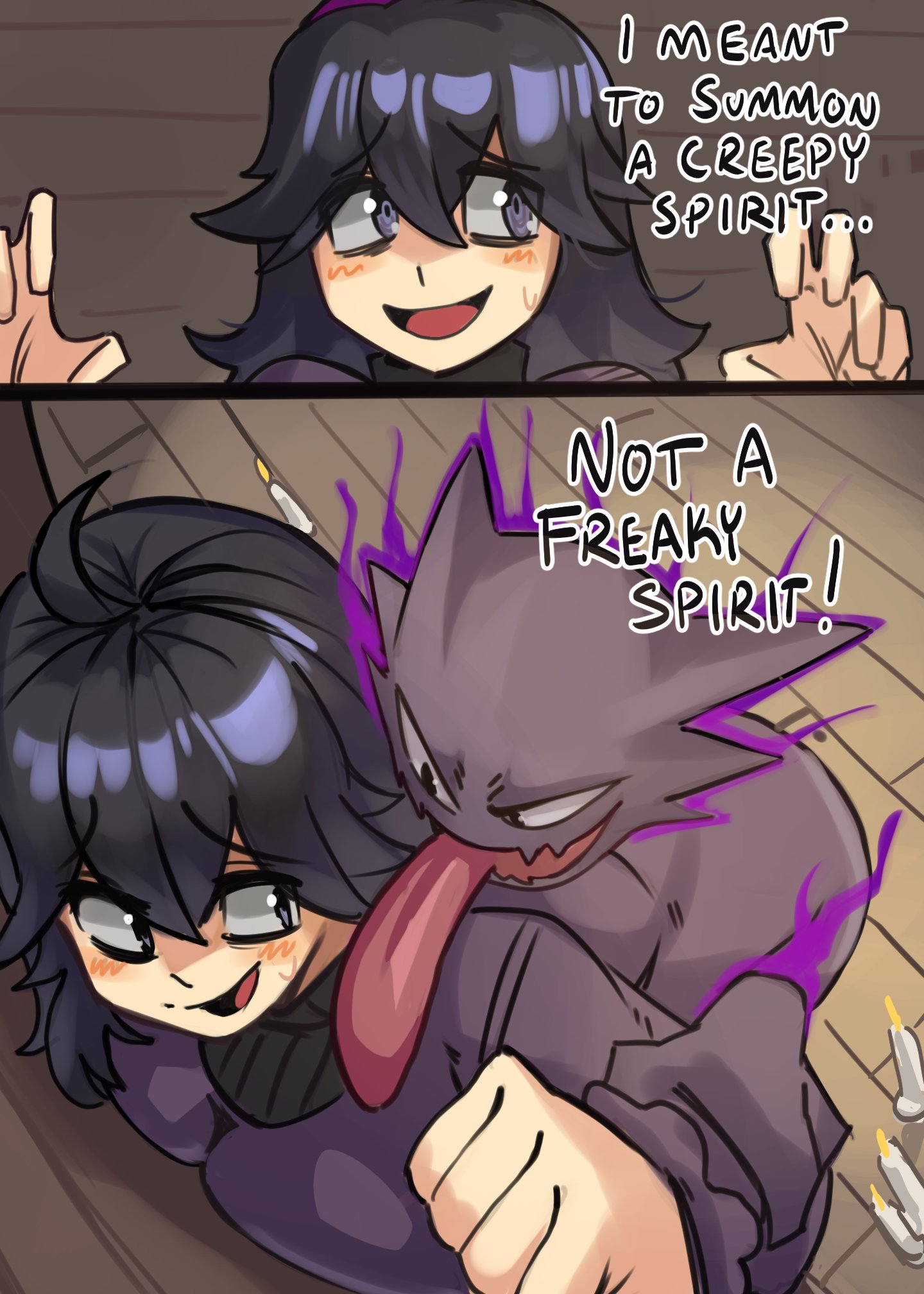 1girls, 2d, against wall, bags under eyes, blush, breasts, busty, dress, earrings, female, ghost, haunter, hex maniac, human, human female, light skin, light-skinned female, long hair, long sleeves, male, monster, monster male, moxydraws, moxydrawsmore, nintendo, pokemon, pokemon (species), pokemon xy, pokephilia, tagme, text, twitter link