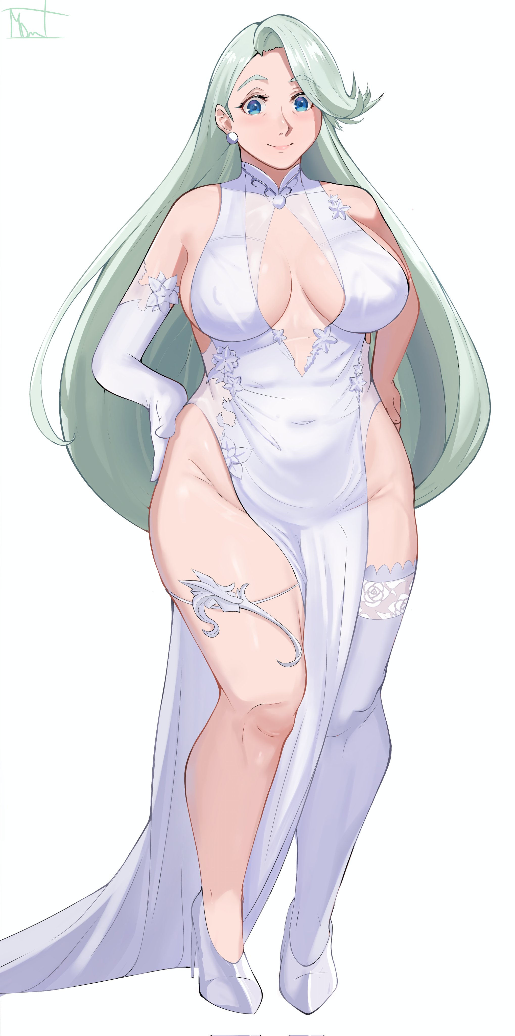 1girls, blonde hair, blue eyes, breasts, cleavage, dress, female, female focus, female only, heels, high heels, human, human female, human only, light skin, light-skinned female, magdaleno0, mature female, melony (pokemon), nintendo, old female, pokemon, pokemon swsh, slightly chubby, solo, solo female, twitter link, white dress
