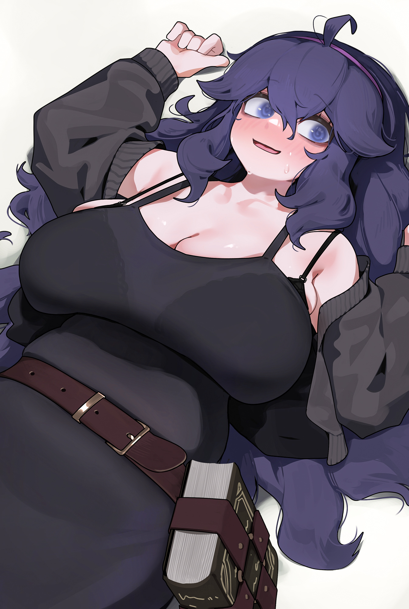 ahoge, bare shoulders, belt, black dress, black hair, black jacket, blush, book, breasts, cleavage, commentary request, cosplay, dress, female, female only, goddess of victory: nikke, hairband, hex maniac, hex maniac (pokemon xy), hex maniac (pokemon), highres, hizake, hizake mozu, jacket, kashu (hizake), label (nikke), label (nikke) (cosplay), large breasts, long hair, long sleeves, looking at viewer, nintendo, off shoulder, open mouth, pokemon, pokemon xy, purple eyes, purple hairband, smile, solo