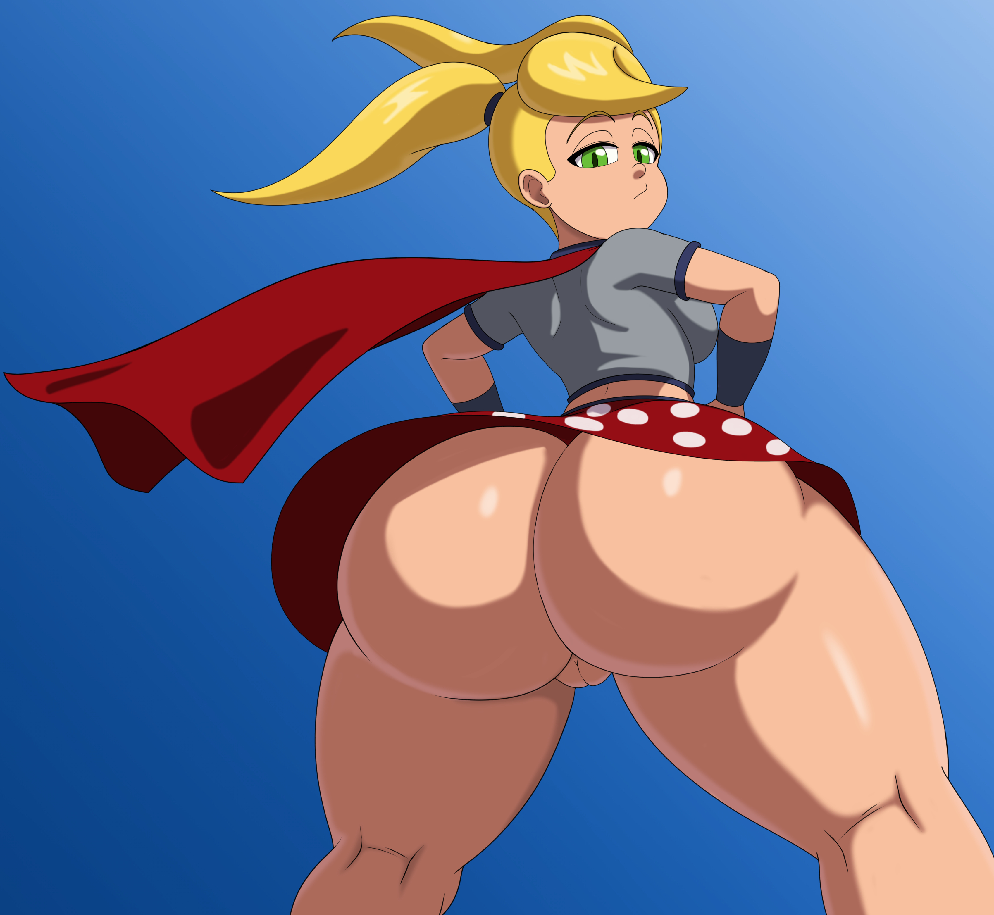 alternate version at source, alternate version available, ass, ass bigger than head, ass focus, big ass, big breasts, blonde female, blonde hair, blonde-haired female, bottom heavy, breasts, camel toe, cameltoe, cape, cel shading, cindy vortex, commando, dna productions, eyes half open, female, female only, going commando, green eyes, hands on hips, hi res, high quality, high resolution, highres, hourglass figure, hourglass figured female, jimmy neutron boy genius, large ass, looking at viewer, looking back, looking back at viewer, mechspazer, midriff, midriff baring shirt, nickelodeon, nicktoons, no panties, pantiless, pantyless, paramount pictures, pussy, simple background, skirt, skirt up, sky background, solo, solo female, superhero, superhero costume, superheroine, tagme, thick ass, thick butt, thick hips, thick legs, thick thighs, thong, thong panties, thong underwear, twintails, twintails (hairstyle), upskirt, upskirt view, wide hips
