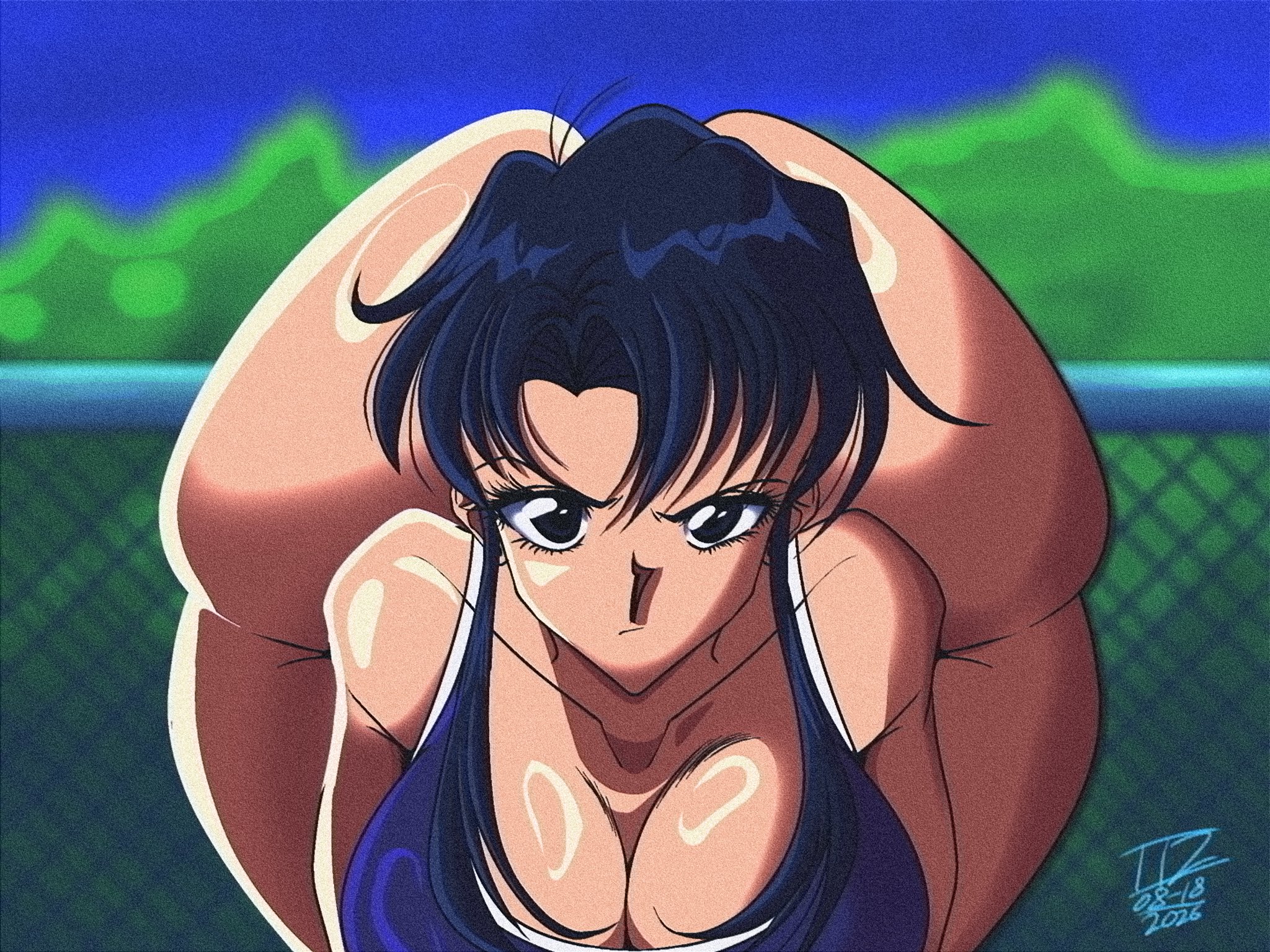 1girls, artist request, ass, azumanga daiou, bent over, big ass, breasts, female, female focus, female only, front facing with ass, huge ass, large breasts, leaning forward, light skin, light-skinned female, looking at viewer, meme, nyamo minamo kurosawa, please look forward to it, solo, swimsuit, thick thighs, thighs, wide hips