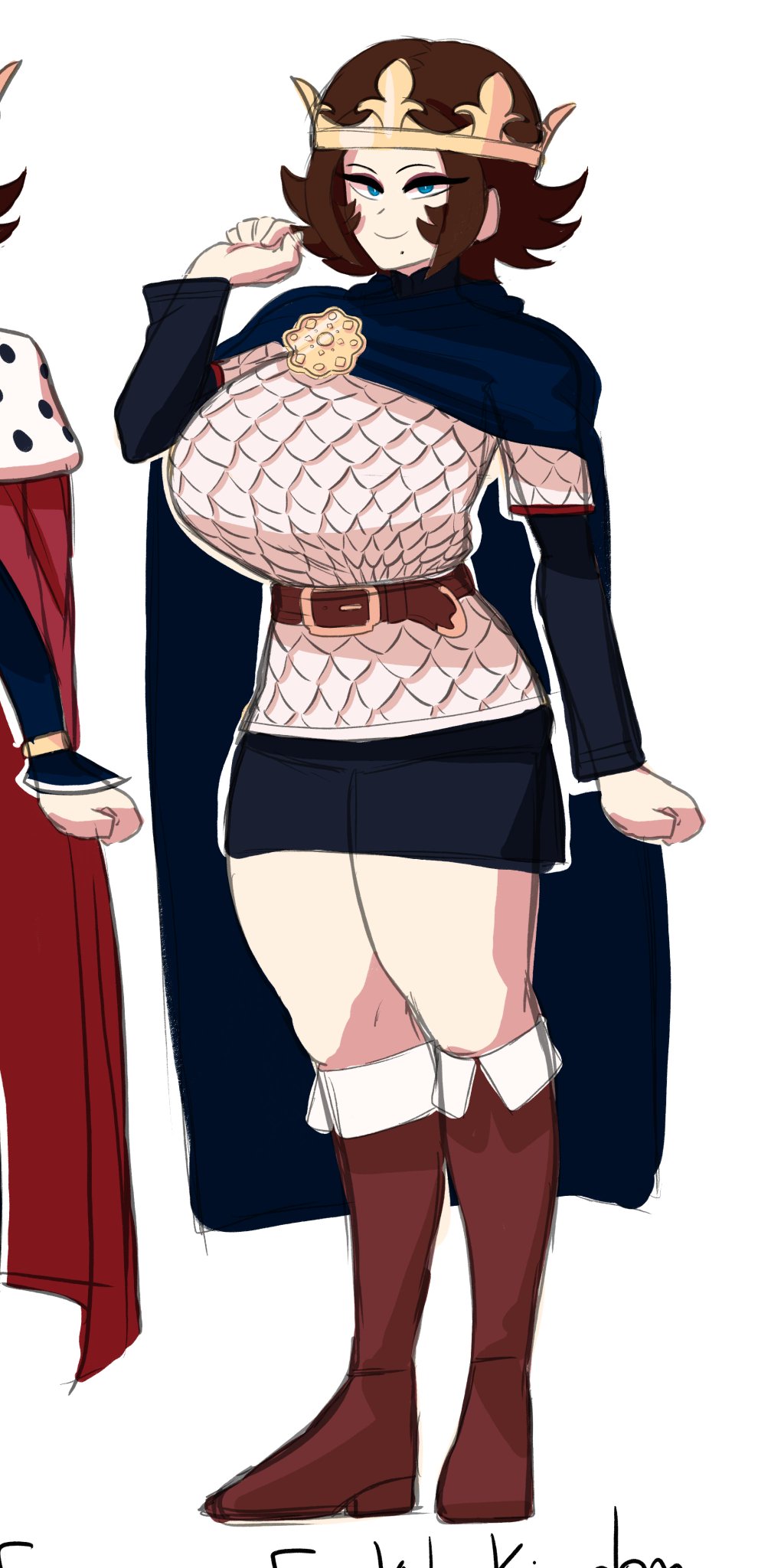armor, armored female, belt, big ass, big breasts, big thighs, blue eyes, breasts, brown hair, chainmail, country inc (yuric inc), crown, female, female only, france, france (yuric inc), french female, hourglass figure, huge breasts, massive breasts, mole under mouth, national personification, tight clothing, yuric inc