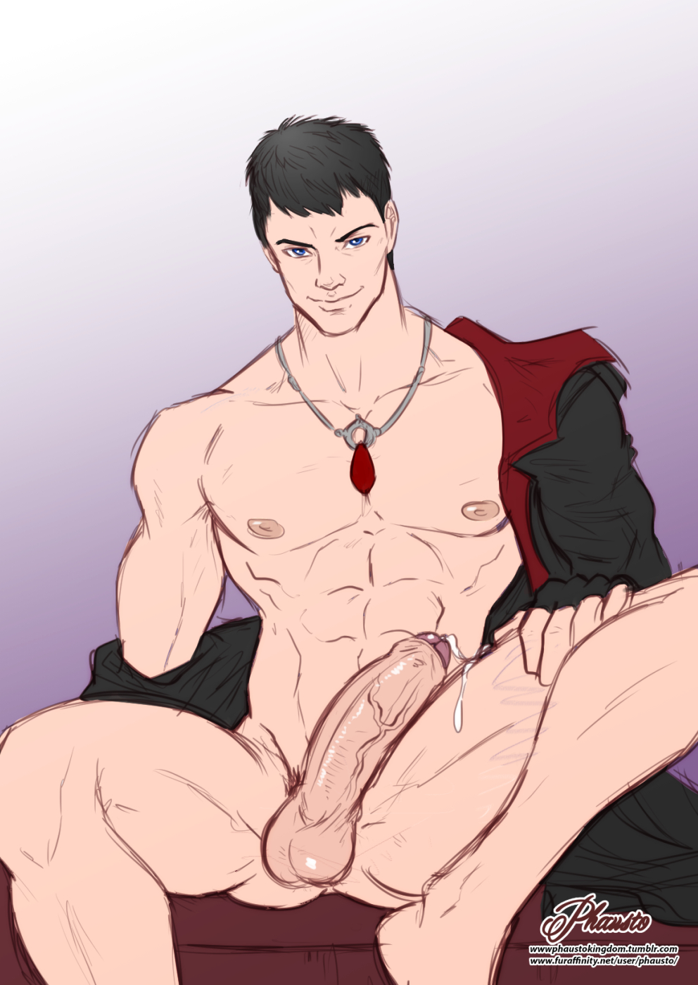 1boy cum dante dante_(dmc:_devil_may_cry) devil_may_cry dmc:_devil_may_cry erection looking_at_viewer male male_only penis phausto presenting smirk solo testicles yaoi