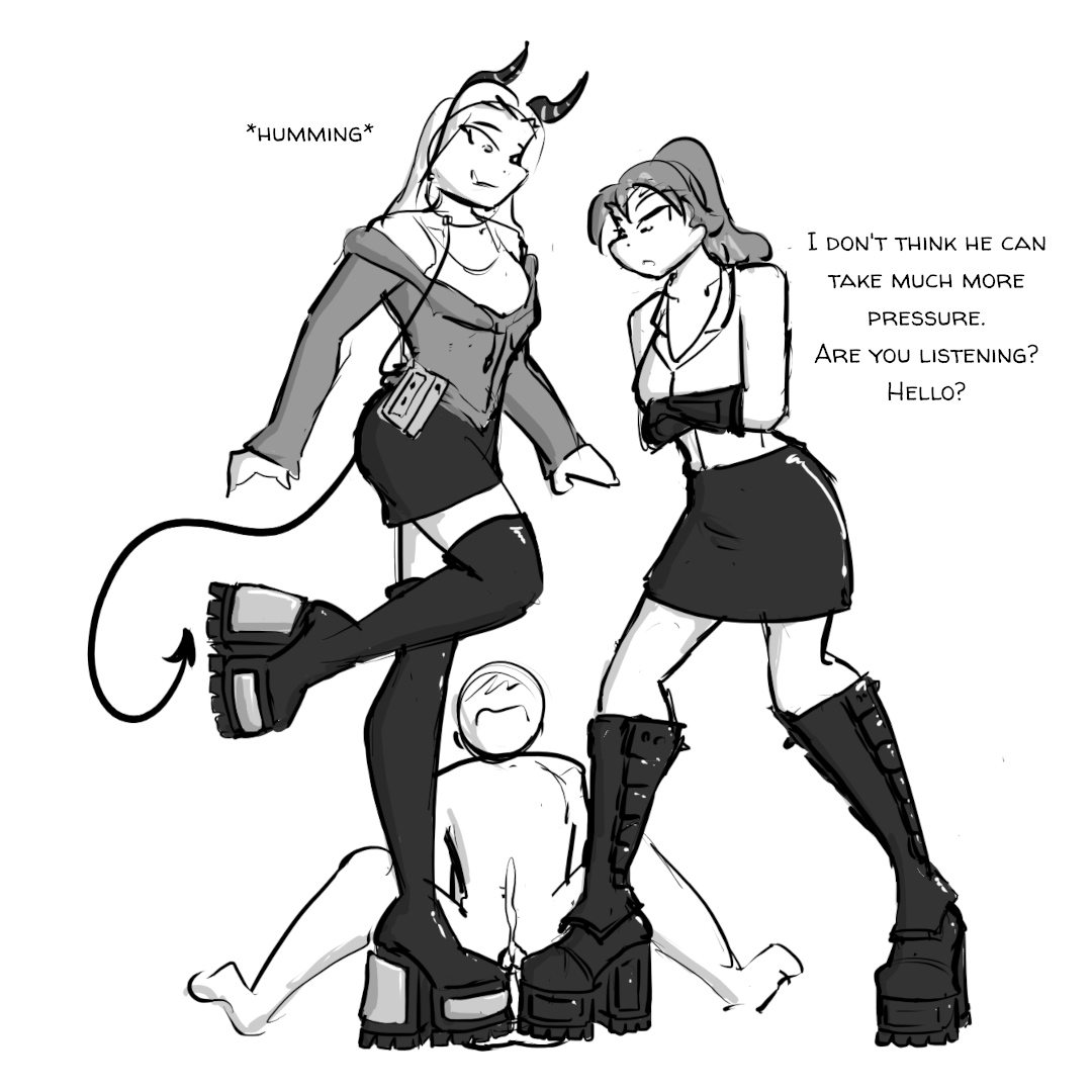 1boy, 2d, 2girls, ballbusting, ballbusting induced orgasm, ballbusting orgasm, balls, boot fetish, boots, celera prime, cfnm, clothed female, clothed female nude male, cumming, cumming from ballbusting, cumshot, dominant female, ejaculate, ejaculating, ejaculating cum, ejaculation, female, femdom, ignoring, ignoring another, ignoring male, male, nude, nude male, orgasm, sketch, spread legs, standing on balls, stomping on balls, submissive male, tail