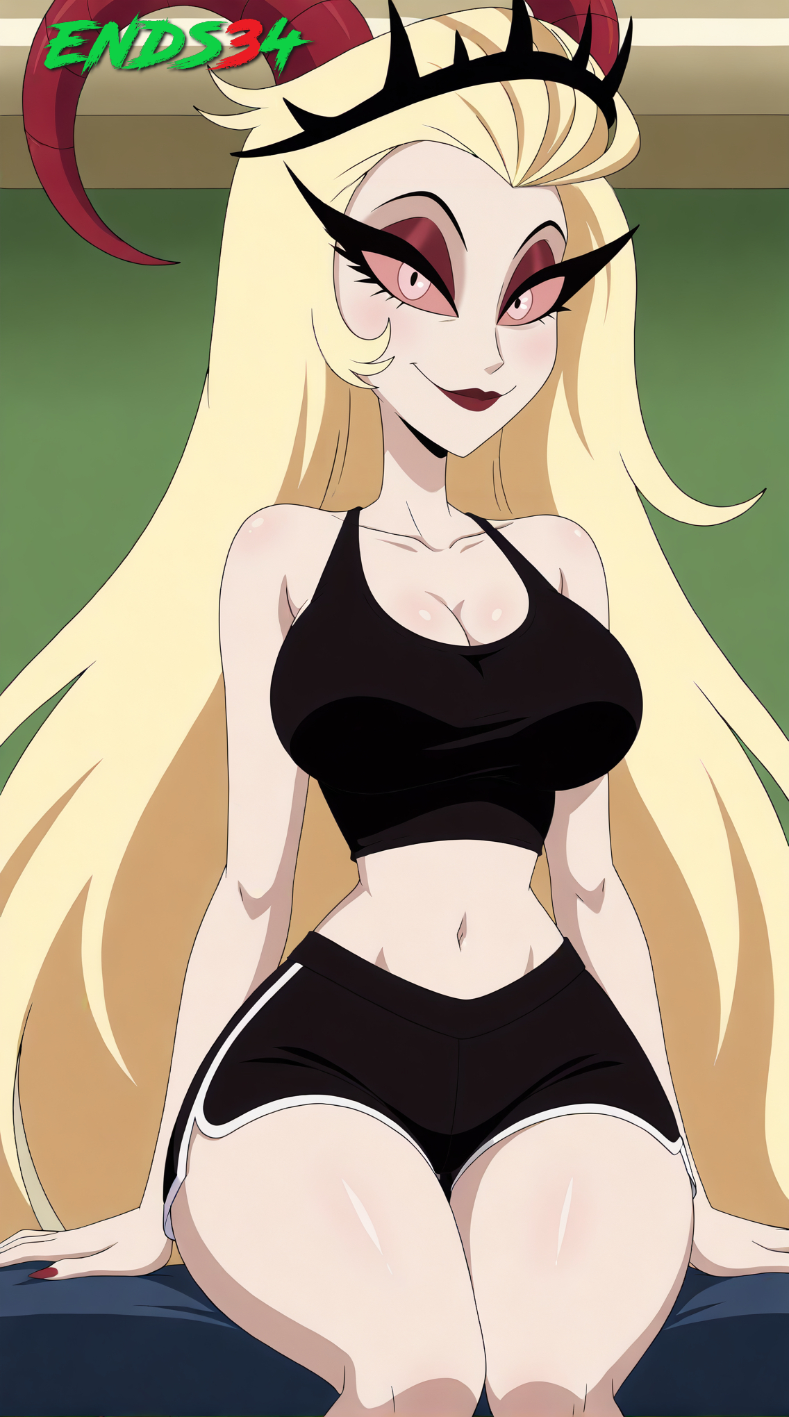 2025, ai, ai generated, big breasts, blonde hair, breasts, dolphin shorts, ends34, female, female only, fit female, gym uniform, hazbin hotel, horns, lilith morningstar (hazbin hotel), long hair, looking at viewer, milf, mother, purple eyes, red horns, shorts, sitting, smile, sports bra, sports uniform