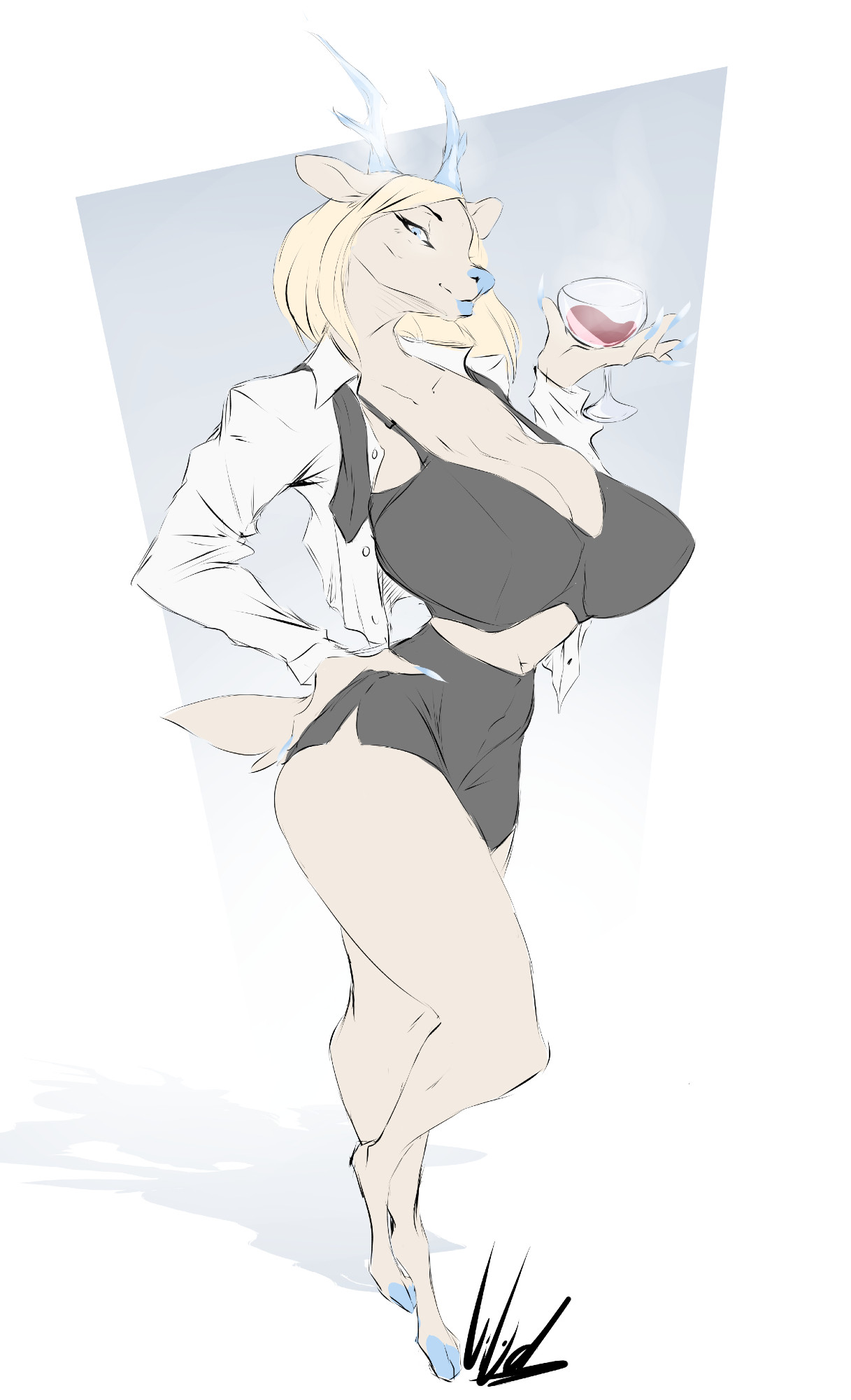 1girls, animal humanoid, anthro, anthro female, anthro only, antlers, big breasts, black bra, blonde female, blonde hair, blue lips, blue lipstick, blue nose, bra, breasts, carol holiday, cleavage, deer, deer girl, deer tail, deltarune, dullvivid, female, female only, furry, furry female, furry only, huge breasts, looking at viewer, miniskirt, skirt, tagme, thick thighs, unbuttoned, unbuttoned shirt, undertale (series), wide hips, wine, wine glass
