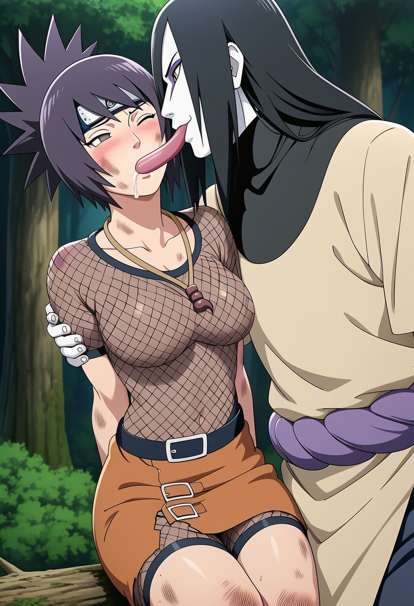 1boy, 1girls, abuse, abused female, abusive, after battle, after fight, age difference, ai generated, before sex, belt, big breasts, blush, breasts, damaged clothes, defeated, defeated female, defeated heroine, dominant, dominant male, domination, exposed breasts, female, femsub, fishnets, hand on face, imminent sex, implied oral, implied penetration, injury, kissing, kneeling, large tongue, long tongue, male, maledom, mitarashi anko, molestation, naruto, naruto (classic), naruto (series), naruto shippuden, nipples, no bra, one eye closed, orochimaru, outdoors, revealing clothes, ripped clothing, see-through, see-through clothing, sexually suggestive, shirt, skirt, submissive, submissive female, suggestive, teacher and student, tongue, tongue fucking, tongue kiss, tongue out, white skin