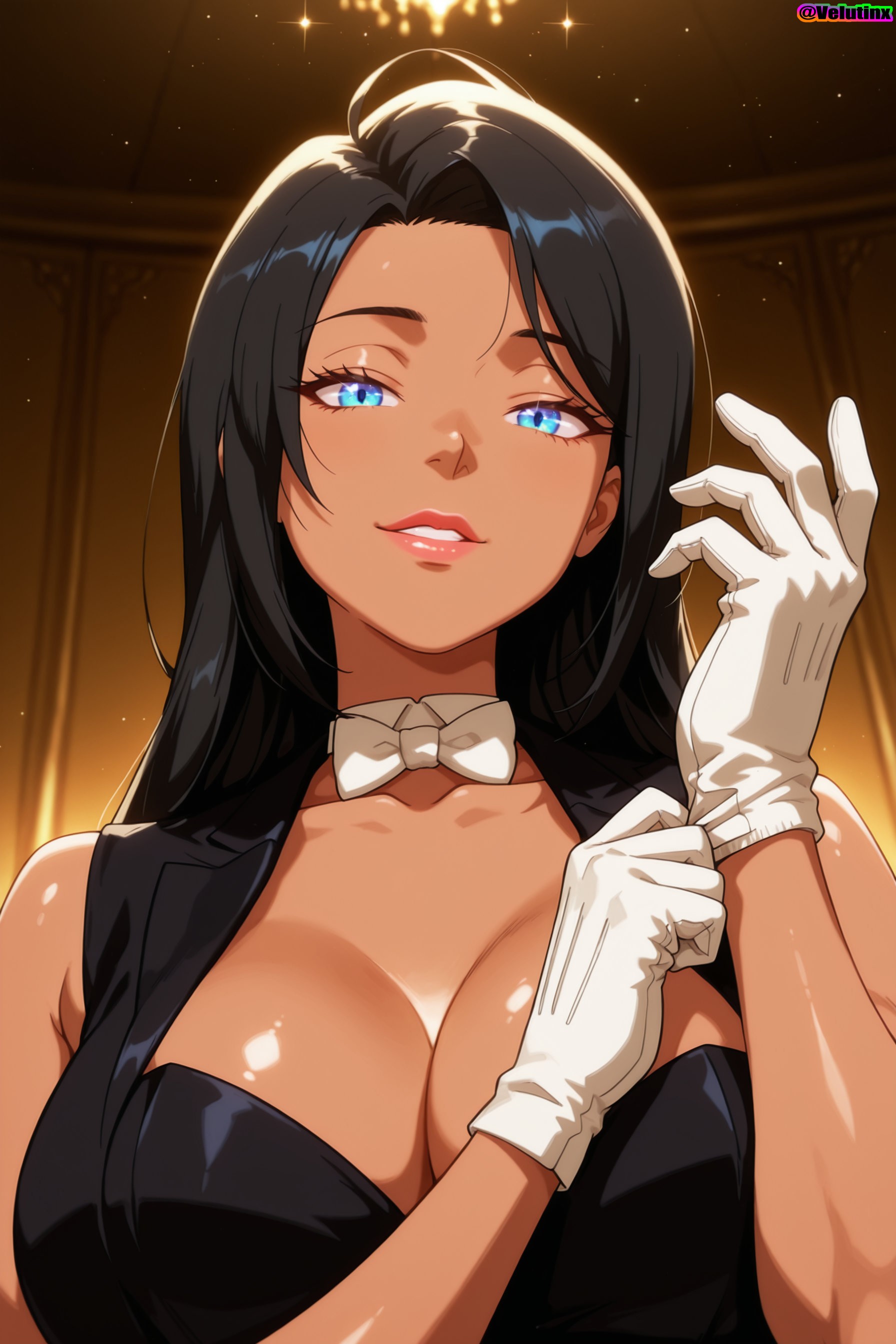 absurd res, absurd resolution, absurdres, ai generated, big breasts, black hair, blue eyes, bowtie, breasts, cleavage, curvaceous, curvy, curvy body, curvy female, curvy figure, dc, dc comics, deep skin, female, gloves, hi res, high quality, high resolution, highres, huge breasts, long hair, naughty face, no bra, overflowing breasts, paid reward available, sideboob, skindentation, sweat, sweating, tailcoat, tanned, tanned female, tanned skin, toned female, velutinx, watermark, zatanna, zatanna zatara