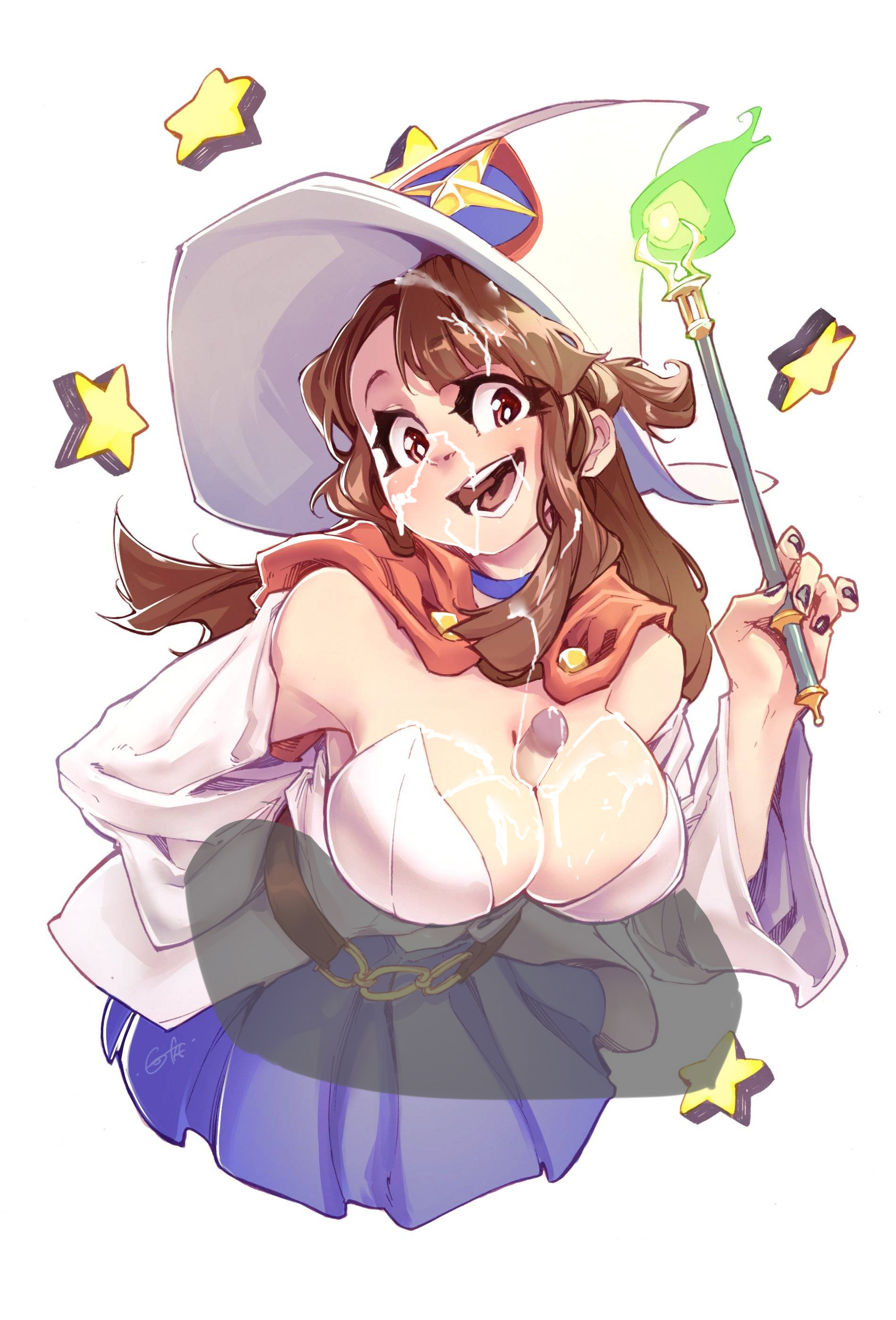 1girls, alternate breast size, atsuko kagari, big breasts, breasts, cum, cum on body, cum on breasts, cum on face, female, gofa, little witch academia, paizuri, paizuri under clothes, studio trigger