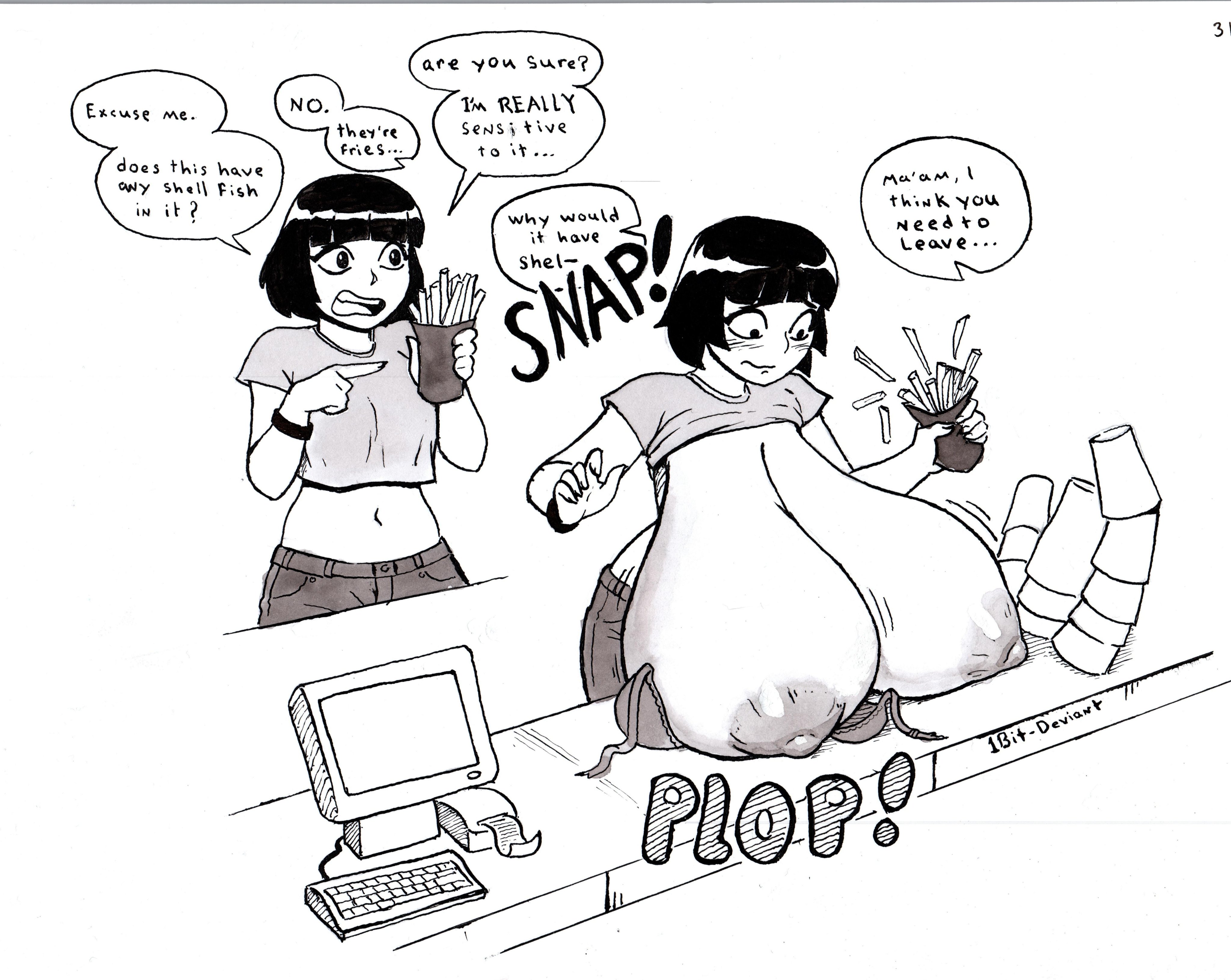 1bit-deviant, allergic reaction, black and white, black hair, blushing, bra busting, bra removed, breast drop, breast expansion, breast rest, breasts, breasts bigger than head, breasts on table, breasts out, bursting breasts, bursting out of clothing, comic, crop top, dark hair, english, english text, expansion, fast food, fries, huge breasts, huge nipples, midriff, nipples, onomatopoeia, register, shirt up, sudden expansion, surprised, text, wardrobe malfunction, white background, worried