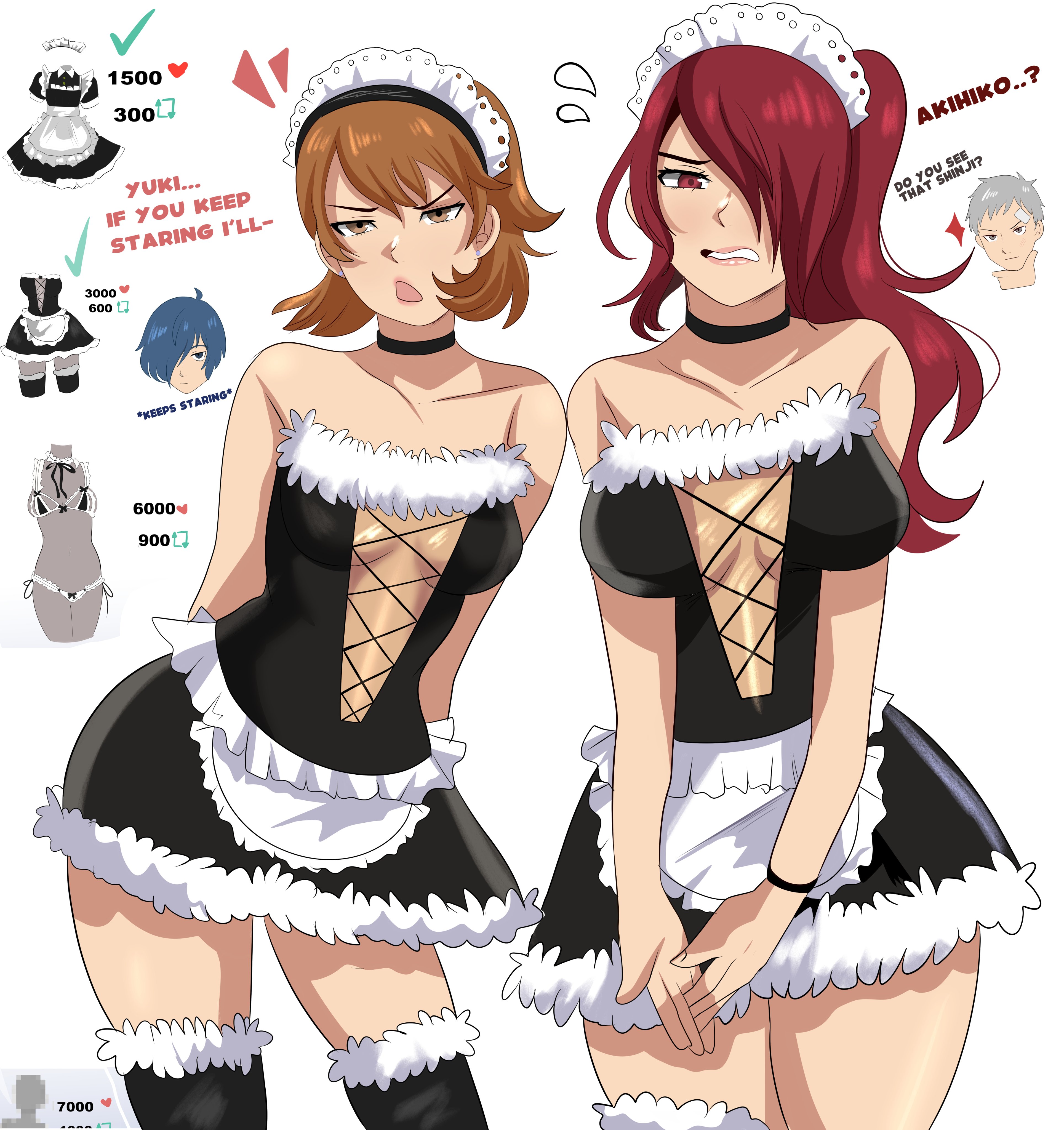 2girls, akihiko sanada, atlus, big breasts, blue hair, breasts, brown hair, choker, embarrassing outfit, english text, female, hair over one eye, karbuitt, looking at viewer, maid bikini, maid headdress, maid outfit, makoto yuki, mitsuru kirijo, persona, persona 3, persona 3 reload, red hair, stockings, trying on clothes, twitter strip game (meme), white background, white hair, yukari takeba