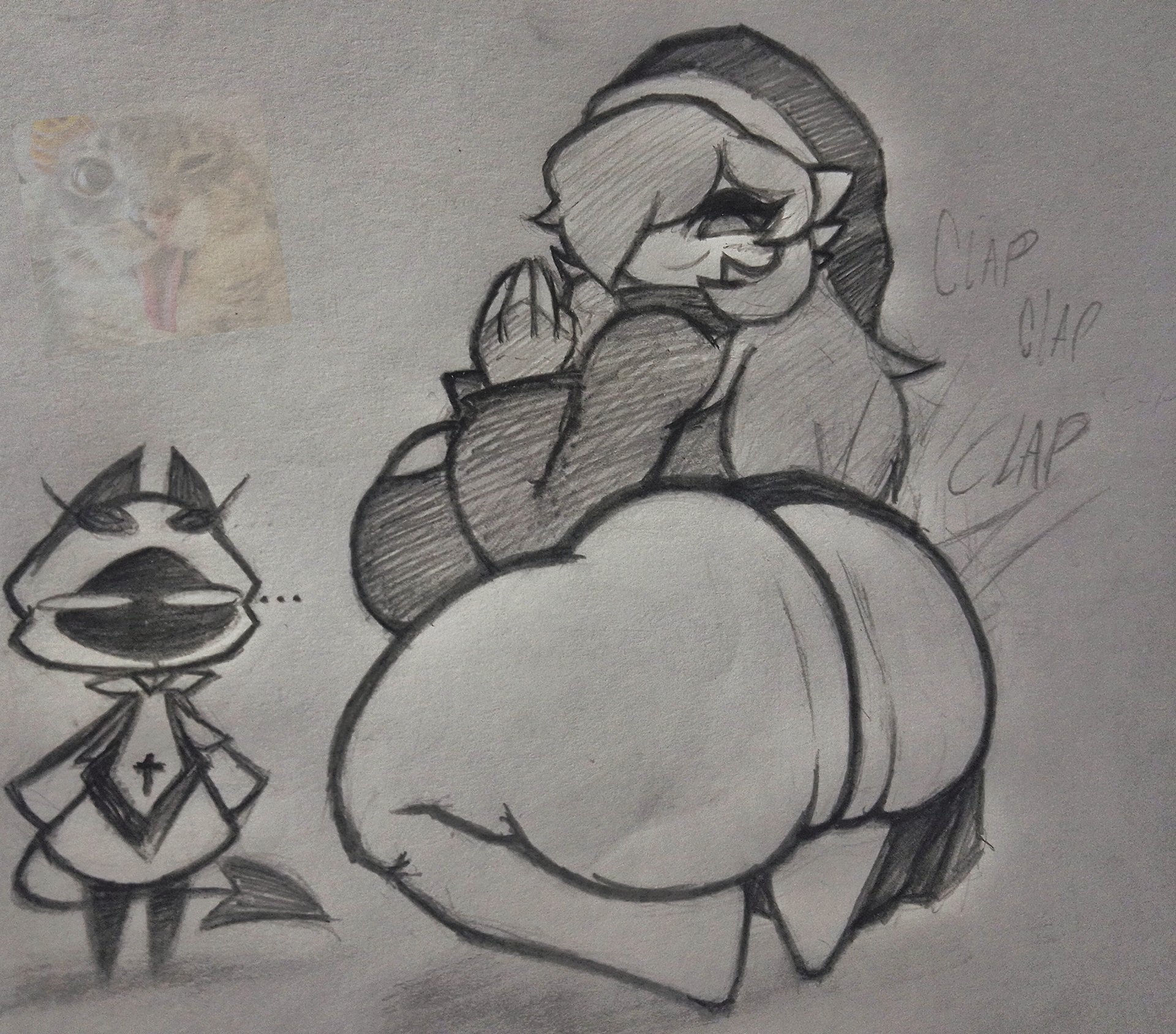 1boy, 1girls, 2 horns, ass, ass focus, big thighs, black and white, breasts, clapping ass, clapping cheeks, demon, demon humanoid, demon tail, fat ass, female, fingerless gloves, gardevoir, gloves, greyscale, hood, hoodie, horns, huge ass, huge thighs, living clothes, long hair, looking back, male, maroon (thebunallies), monochrome, nun, nun habit, nun hat, nun outfit, nun's habit, oc, one eye covered, onomatopoeia, partially clothed, pencil (artwork), pointed tail, pokemon, rand0m 293, rand0m293 (oc), sideboob, thebunallies, thick thighs, traditional media (artwork), twitter user oc