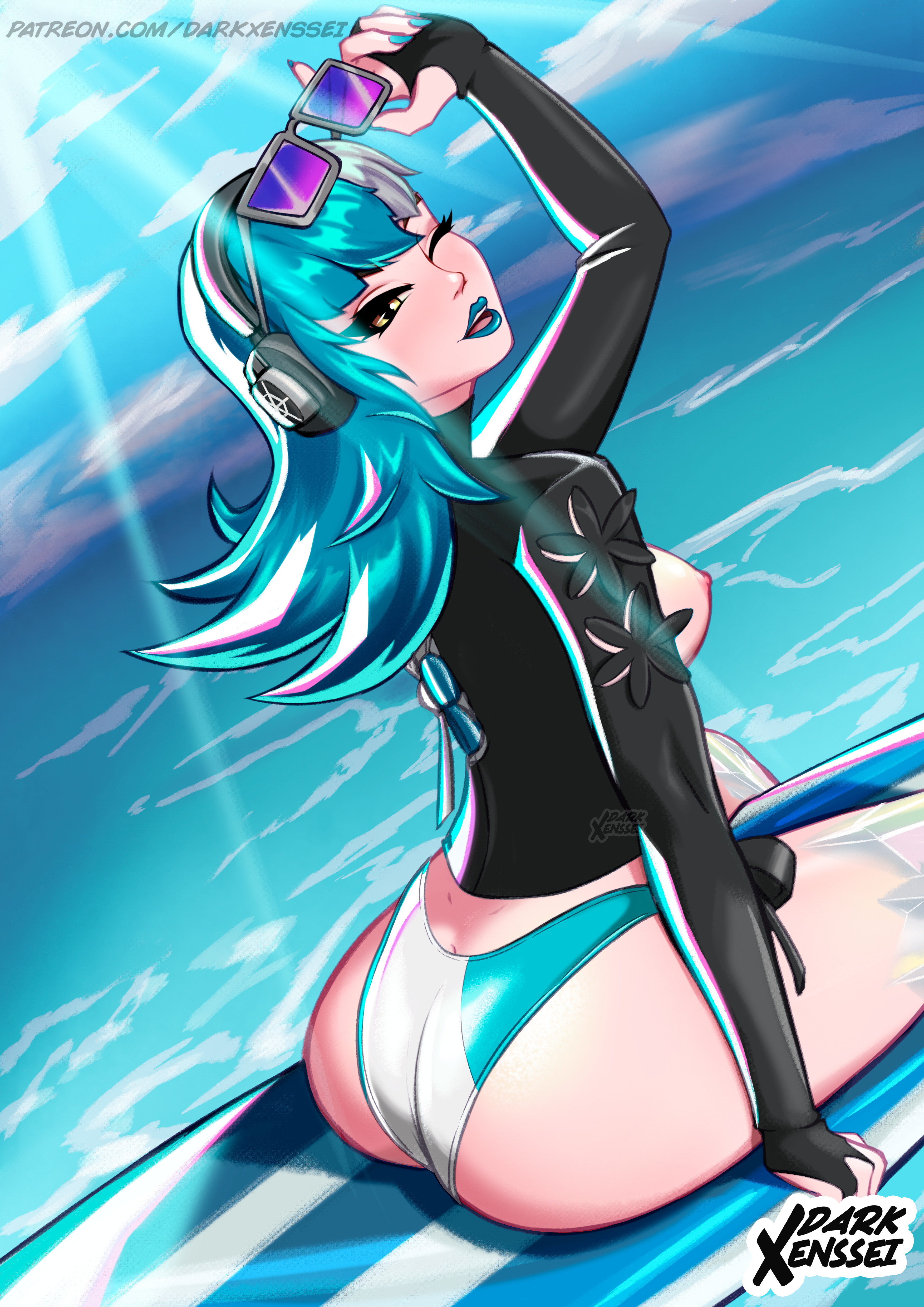 1girls, blue hair, blue lipstick, blue nails, breasts, breasts out, darkxenssei, female, female only, headphones, lipstick, luna snow, luna snow (cool summer), luna snow (marvel rivals), marvel, marvel comics, marvel rivals, nail polish, sunglasses, surfboard, thick thighs, two-tone hair, water, white hair, wink