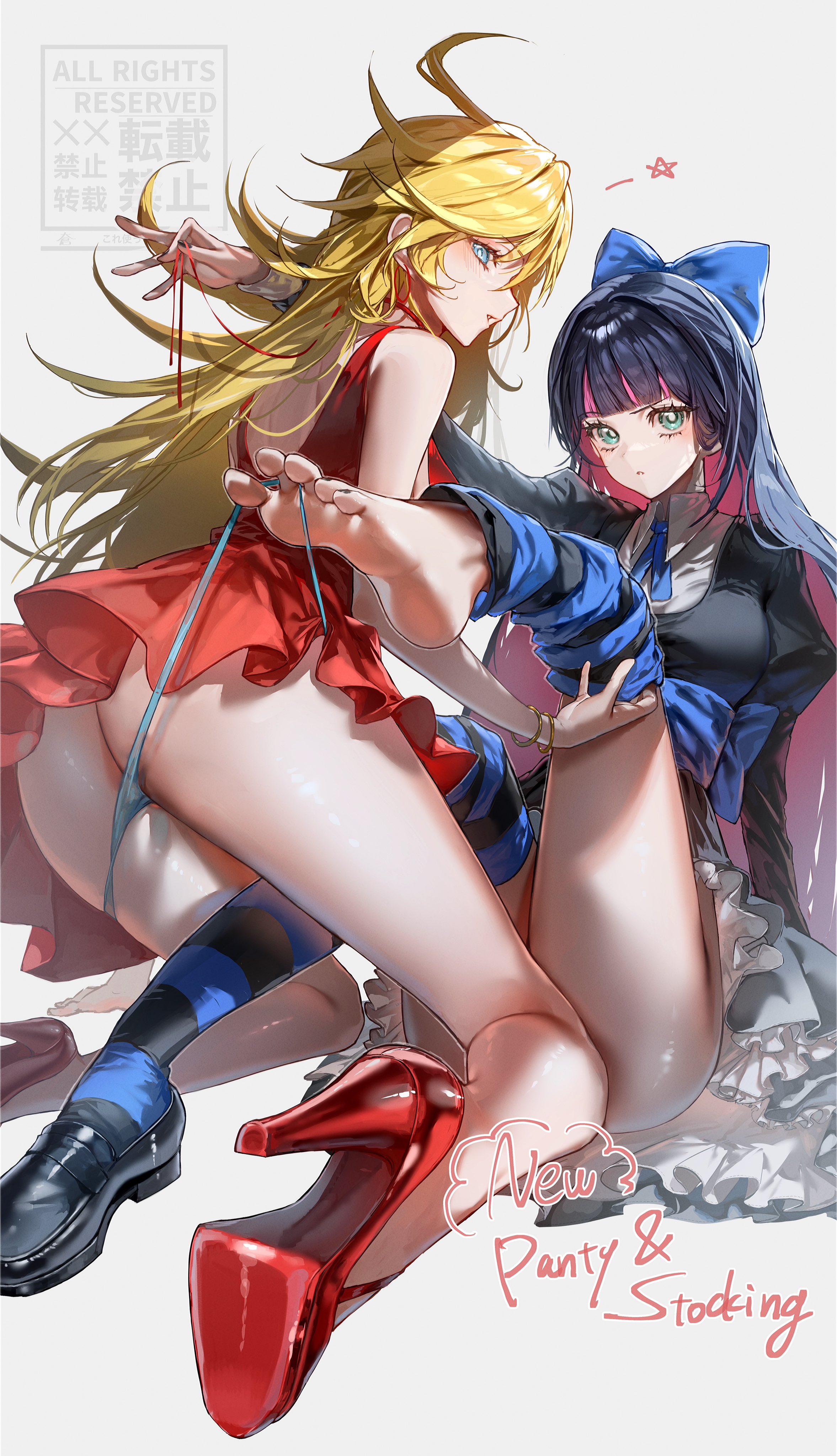 2girls, absurdres, all fours, aqua eyes, bare legs, bare shoulders, black dress, black shoes, black thighhighs, blonde hair, blue bow, blue eyes, blue panties, blue thighhighs, blunt bangs, bow, bracelet, colored inner hair, dress, female, female only, hairbow, high heels, highres, horizontal-striped thighhighs, jewelry, juliet sleeves, long hair, long sleeves, looking at viewer, multicolored hair, multiple females, multiple girls, nero hanken, panties, panty & stocking with garterbelt, panty anarchy, panty pull, parted bangs, pink hair, puffy sleeves, reclining, red dress, red ribbon, ribbon, shoes, simple background, single bare foot, stocking anarchy, striped clothes, striped thighhighs, thighhighs, thighhighs pull, underwear, very long hair, white background