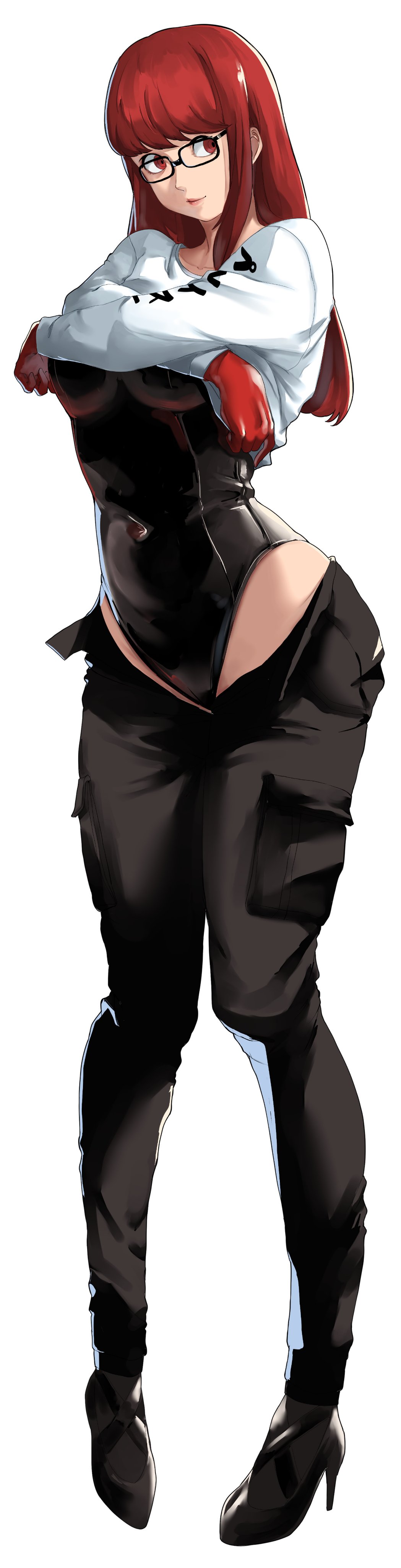 absurdres, black leotard, blunt bangs, bodysuit, breasts, covered navel, female, female only, full body, glasses, gloves, high heels, highres, leotard, long hair, looking to the side, persona, persona 5, persona 5 royal, red eyes, red gloves, red hair, simple background, solo, sumire yoshizawa, undressing, white background, xiiicaelum