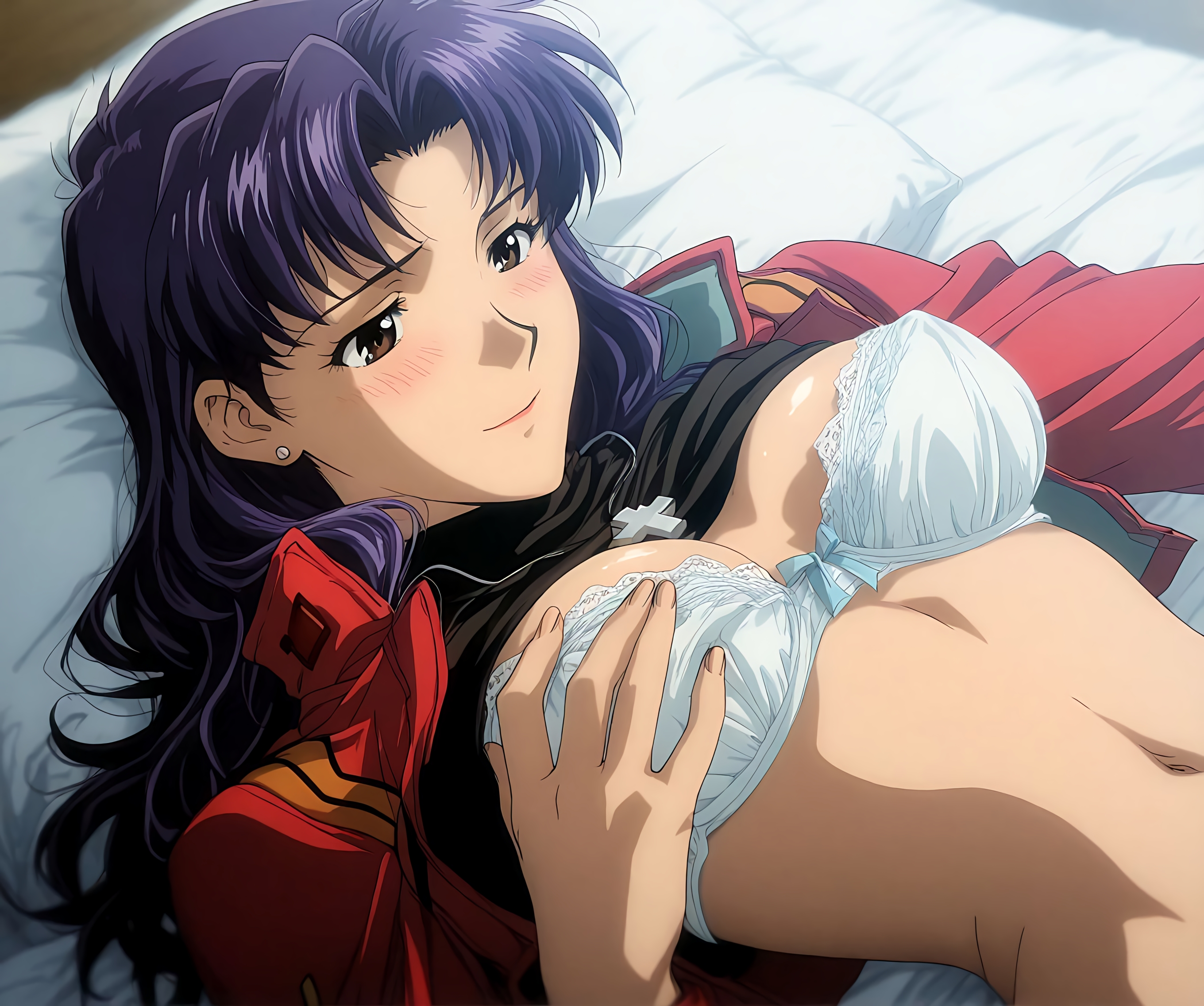 ai generated, ass, ass focus, ass up, bangs, bare shoulders, black tank top, blush, breasts, brown eyes, exposed breasts, female, female only, in bed, jean shorts, long hair, looking at viewer, misato katsuragi, necklace, neon genesis evangelion, nipples, no bra, parted bangs, pendant, purple hair, smile, solo