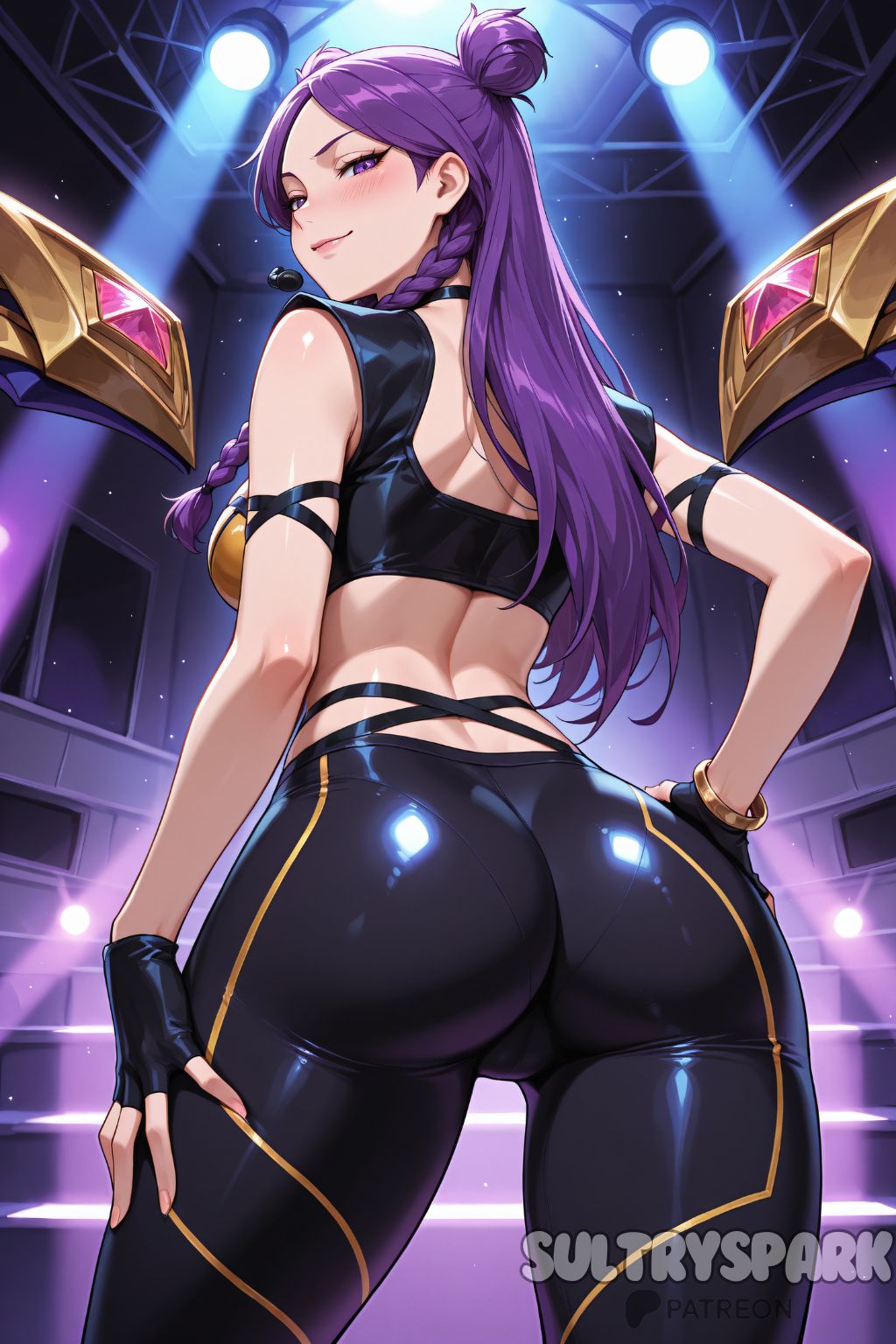 ai generated, ass, bangs, black gloves, bracelet, braid, breasts, double bun, female, fingerless gloves, from behind, futarush, gloves, hair bun, jewelry, k/da kai'sa, k/da series, kai'sa, league of legends, league of legends: wild rift, lips, long hair, looking at viewer, looking back, patreon, patreon username, purple eyes, purple hair, shiny, shiny clothes, shiny hair, shiny skin, smile, solo, sultryspark