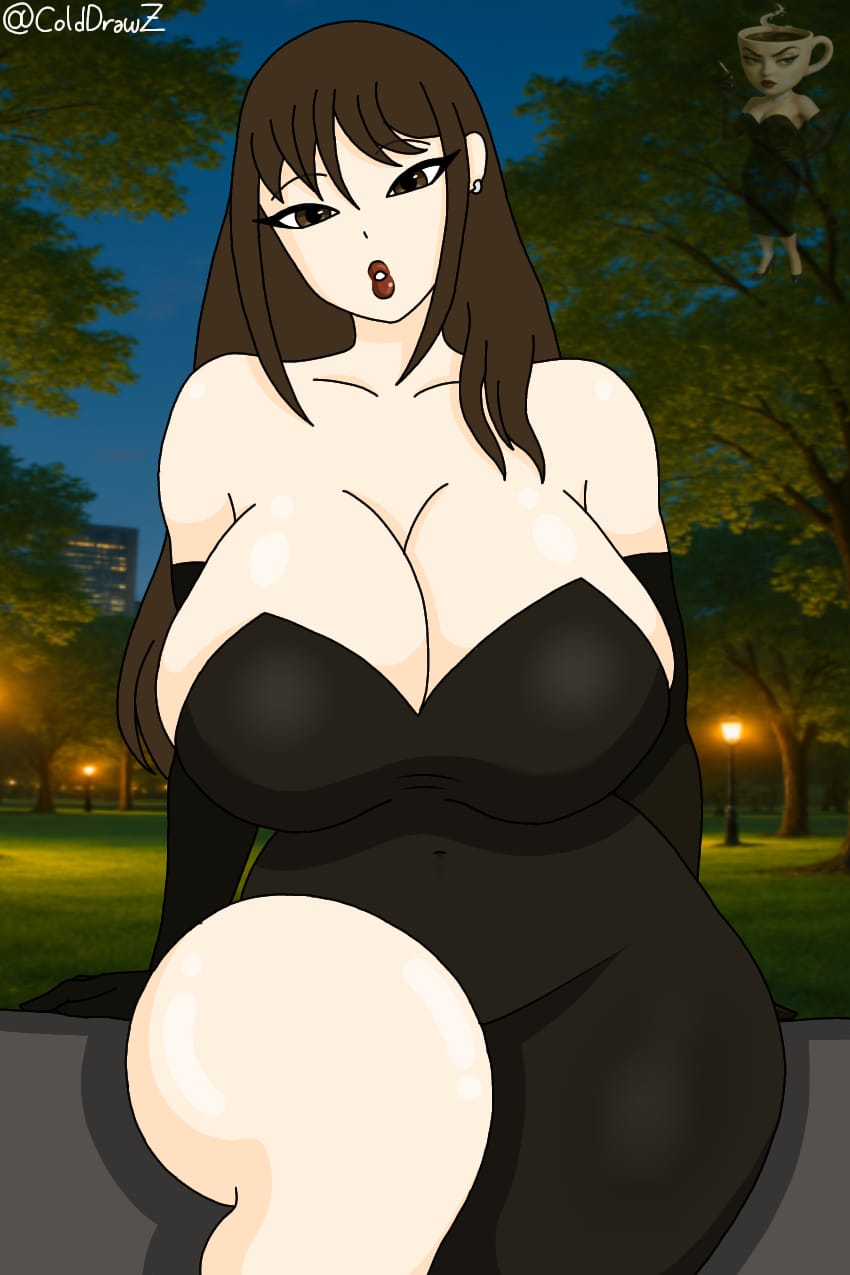 1girls, artist name, background, big ass, big booty, big breasts, big thighs, black dress, black sleeves, breasts, brown eyes, brown hair, city background, cleavage, clothing, colddrawz, espressona signora, eyelashes, female, female focus, female only, hi res, human, humanized, italian brainrot, large breasts, light skin, light-skinned female, long dress, long hair, looking at viewer, park, park bench, piercing, red lips, red lipstick, self upload, shiny skin, signature, sitting, solo, solo female, solo focus