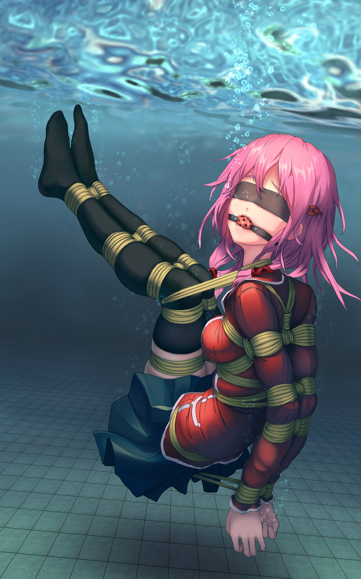10s, 1girls, arms behind back, asphyxiation, bad id, bad pixiv id, blindfold, bondage, bound, bound arms, bound legs, bound wrists, breasts, drowning, eyebrows hidden by hair, female, female focus, female only, folded, from side, full body, gag, gagged, guilty crown, hair ornament, highres, himitsu (hi mi tsu 2), legs together, long hair, miniskirt, no shoes, peril, pink hair, rope, shibari over clothes, skirt, solo, thighhighs, underwater, wiffle gag, yuzuriha inori