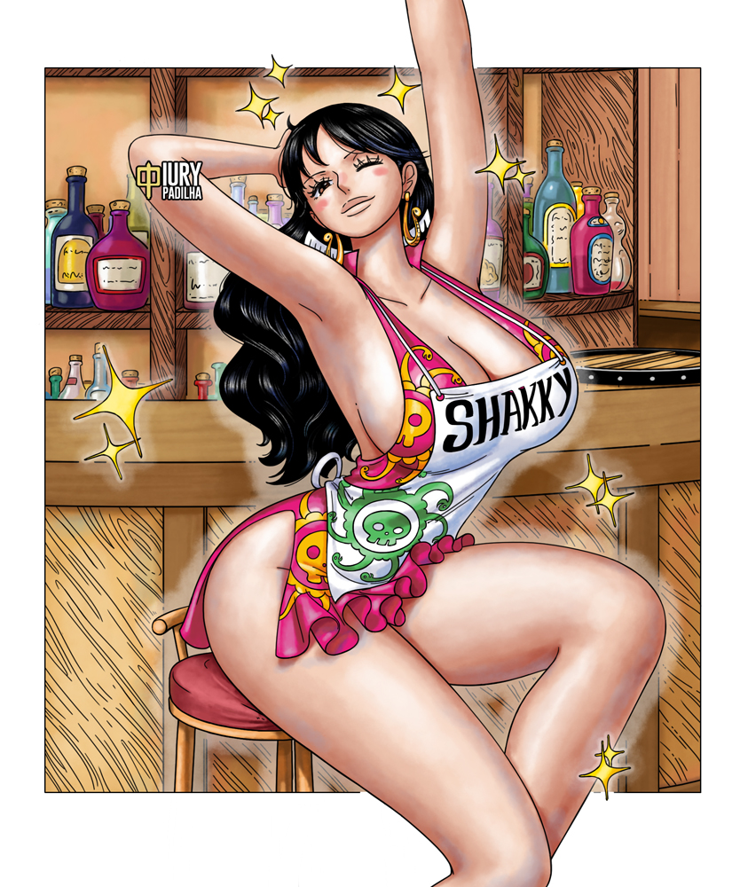 1girls, black hair, black-haired female, blinking, breasts, clothing, dress, female, female only, hand behind head, iury padilha, large ass, large breasts, large hips, one piece, shakuyaku, tagme