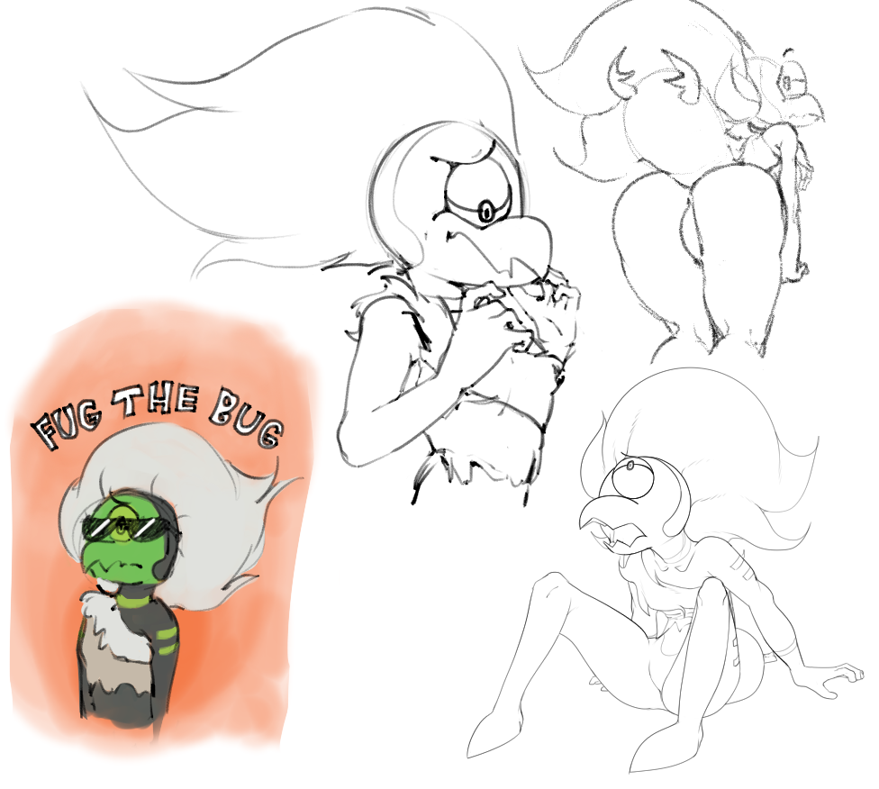 1_eye 2017 abdomen alien all_fours anus ass beak black_and_white bottomless breasts cartoon_network centipeetle clothed clothing dotkwa english_text eyewear female gem_(species) hair humanoid monochrome nephrite_(steven_universe) one_breast_out simple_background sitting solo steven_universe sunglasses text torn_clothing white_background white_hair