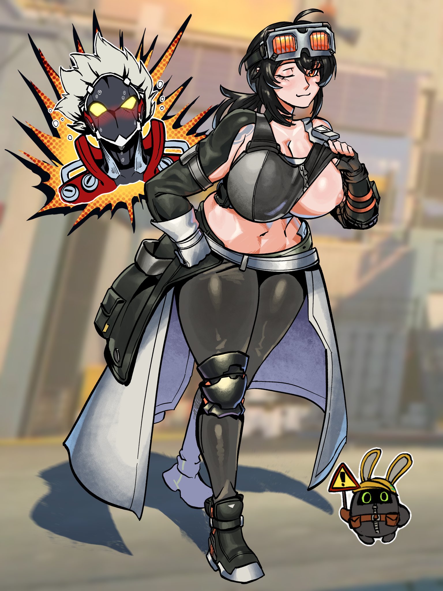 big breasts, billy kid (zenless zone zero), black, black hair, breast peek, breasts, clothed, eous (zenless zone zero), female, goggles, grace howard, hair, head, machine, on, pampomelo, robot, shoulder, tagme, tattoo, voluptuous female, wide hips, wink, winking, zenless zone zero