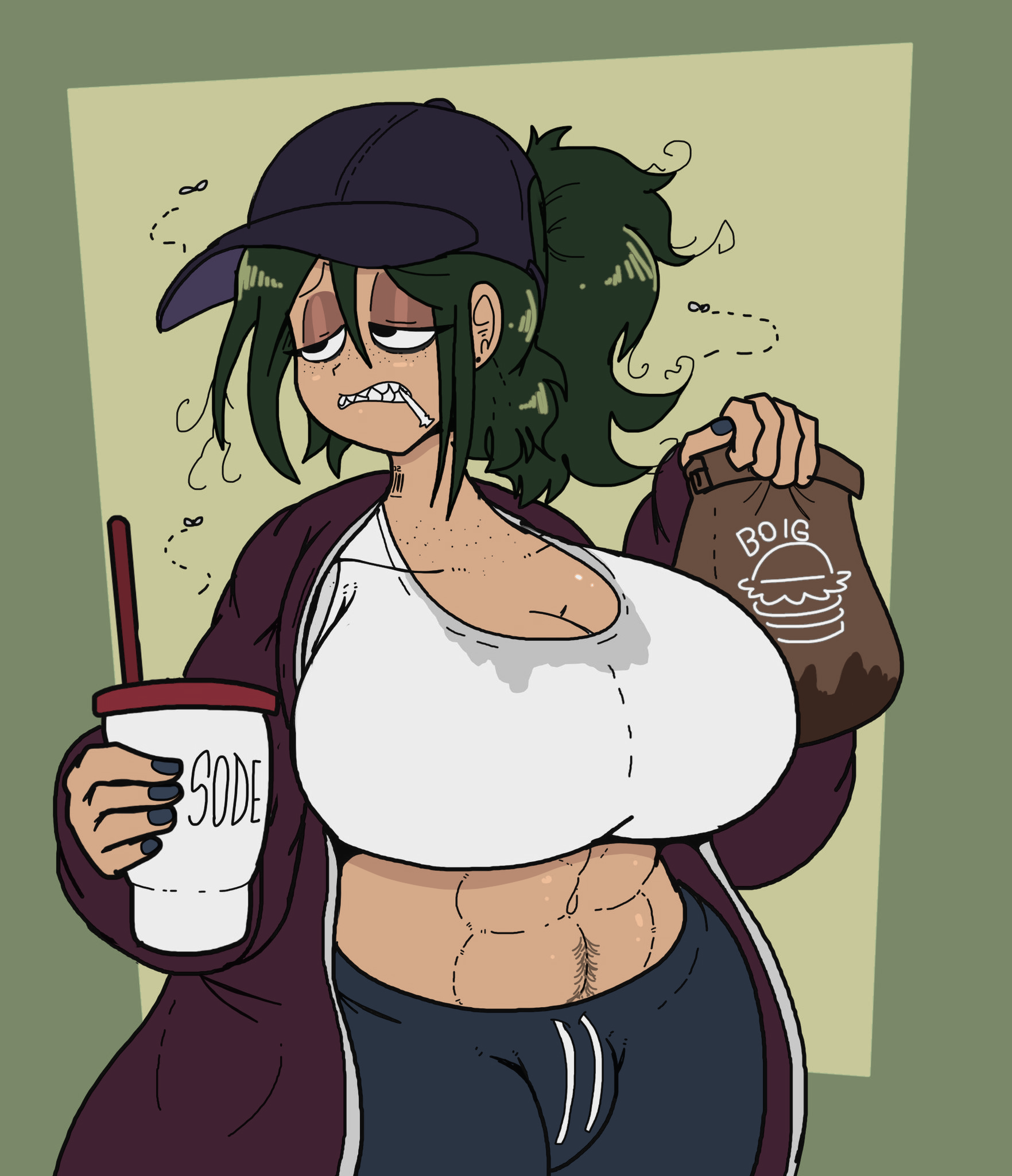 1girls, abs, baseball cap, big breasts, breasts, chubby, chubby female, color edit, colored, colored sketch, colorshun, female, female only, flies, flies for smell, food, freckles, grease (poopishness), green hair, huge breasts, neet, original, original character, ponytail, poopishness, pubic hair
