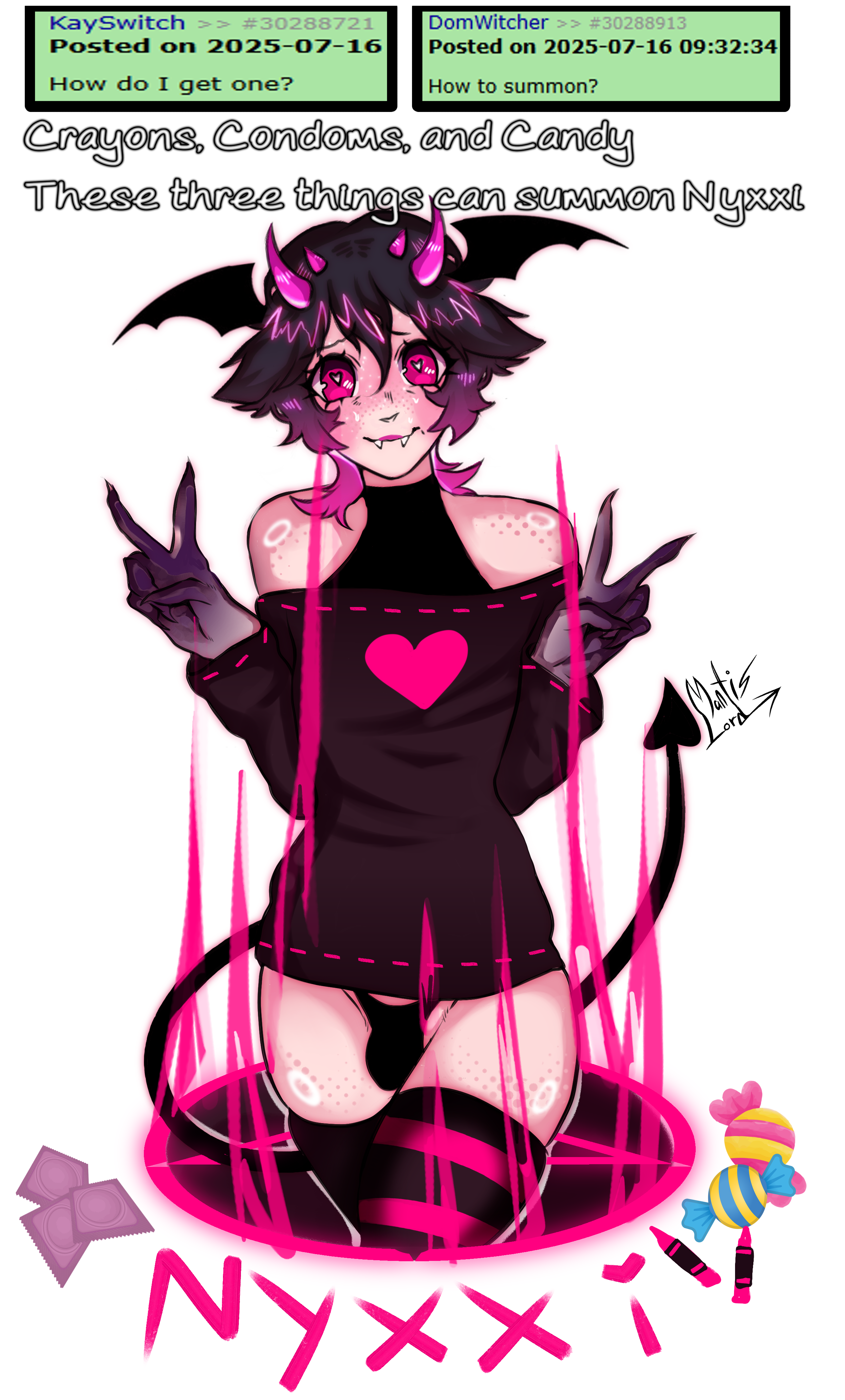 1boy, ask an incubus, ask blog, boy, bulge, bulge through clothing, clothed, clothing, condom, condom wrapper, demon, demon boy, demon horns, demon humanoid, demon tail, demon wings, fangs, femboy, femboy focus, femboy only, femboysub, feminine male, incubus, interactive, male, male focus, male only, mantislord, nervous, nervous smile, nyxxi, short hair, stockings, stripes, sweat, sweater, sweating, text, text box, text bubble, thick thighs, thighhighs