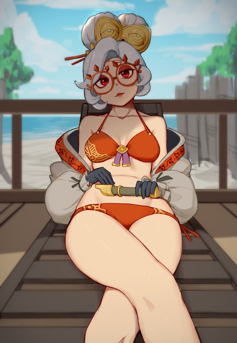 1girls, beach, beach chair, bikini, black gloves, breasts, collarbone, commentary, crossed legs, english commentary, eyeshadow, female, female only, flute, glasses, gloves, hair ornament, hair stick, head tilt, holding, holding instrument, horizon, instrument, jacket, long hair, long sleeves, looking at viewer, makeup, medium breasts, nintendo, ocean, off shoulder, purah, railing, rajah (dajah), rajahdark, reclining, red bikini, red eyes, red-framed eyewear, solo, swimsuit, the legend of zelda, updo, white hair, white jacket