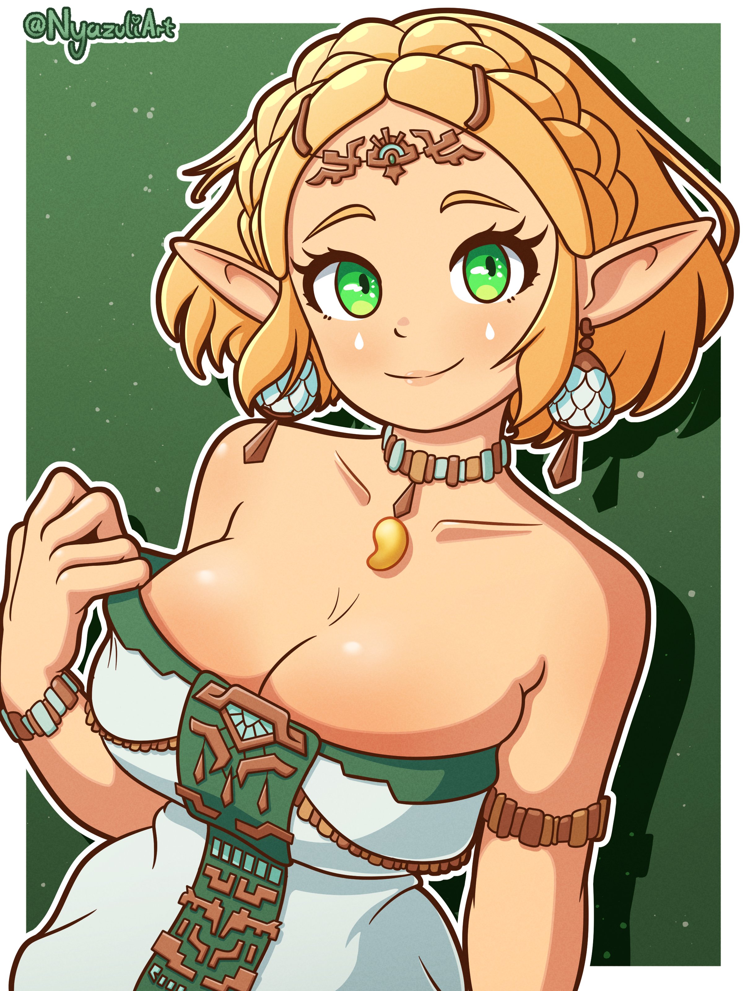 1girls, artist name, bare shoulders, blonde hair, breasts, cleavage, dress, earrings, female, green eyes, large breasts, nintendo, nyazuliart, pointy ears, princess zelda, shiny skin, short hair, solo, solo female, solo focus, tears of the kingdom, the legend of zelda, zelda (tears of the kingdom), zonai, zonai outfit