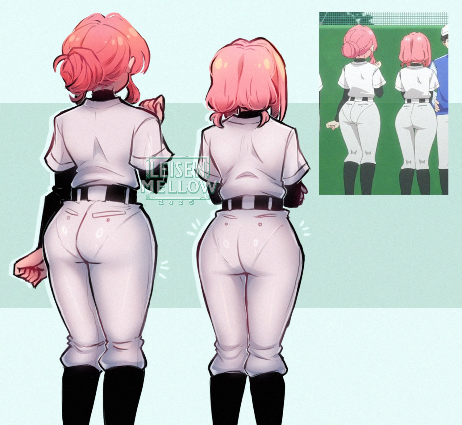 2025, 2girls, anime screenshot, ass, ass focus, back, big ass, child bearing hips, facing away, female, female focus, female only, from behind, hanazono hahari, hanazono hakari, highres, kimi no koto ga dai dai dai dai daisuki na 100-nin no kanojo, leisen mellow, long hair, long sleeves, mother and daughter, multiple females, multiple girls, pants, pantylines, photo inset, pink hair, reference inset, scene reference, shirt, short hair, short sleeves, sportswear, standing, tight clothes, tight pants, underwear outline, watermark