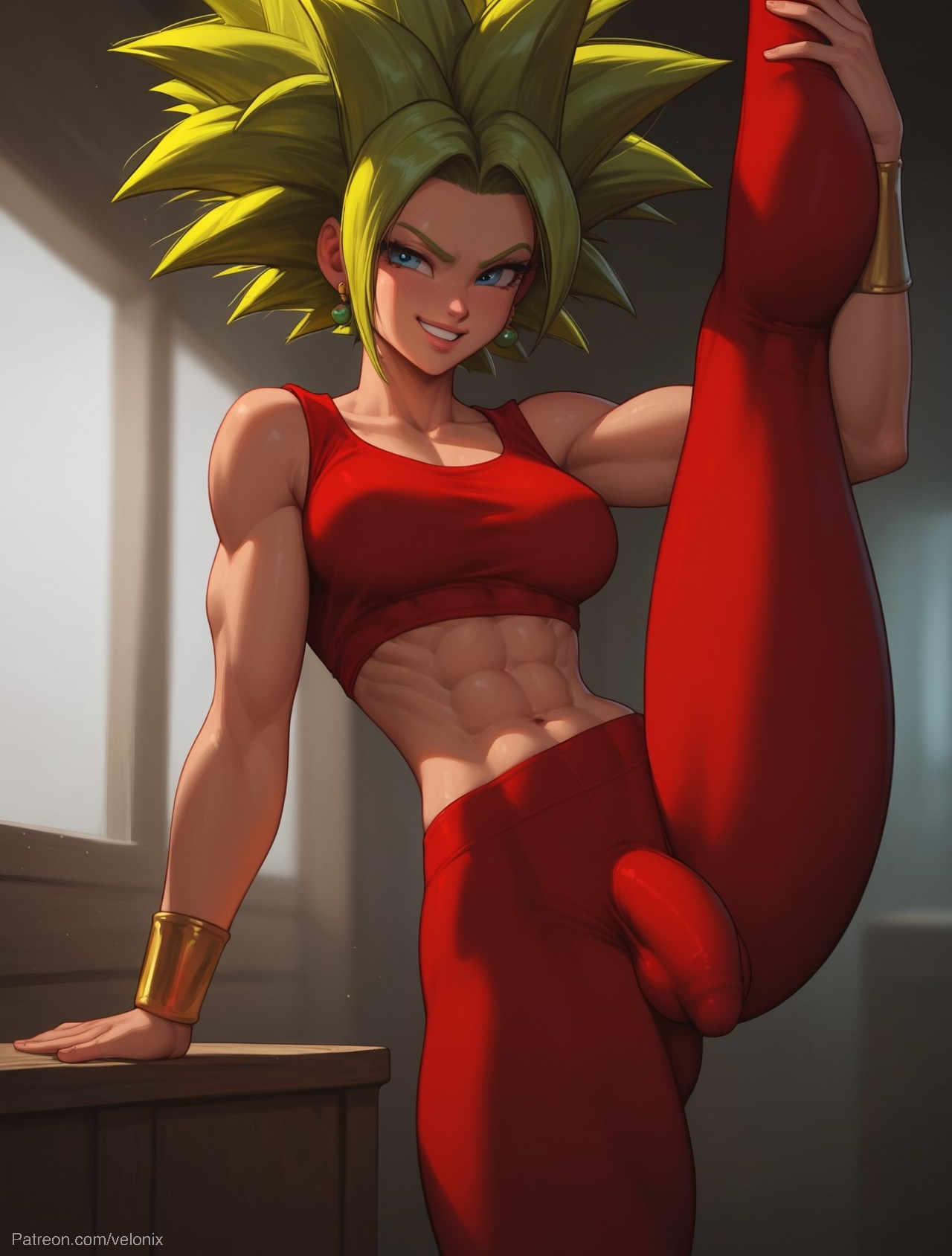 1futa, abs, ai generated, ass, balls, big ass, big breasts, big butt, big hips, big penis, blue eyes, bracelet, bracelets, breasts, bulge, bulge through clothing, bulge under clothes, cleavage, clothed, clothing, dick, dickgirl, dragon ball, dragon ball super, dragon ball z, earring, earrings, eyebrows, eyelashes, female, futa only, futanari, green hair, grin, grinning, grinning at viewer, hair, hands-free, huge cock, indoors, intersex, kefla, kefla (dragon ball), lips, long hair, looking at viewer, makeup, muscle mommy, muscles, muscular, muscular female, muscular futa, narrow waist, narrowed eyes, nose, penis, red clothes, red clothing, saiyan, saiyan female, seducing, seductive, seductive eyes, seductive gaze, seductive look, seductive mouth, seductive pose, seductive smile, smile, smile at viewer, smiley face, smooth balls, smooth penis, smooth skin, solo, solo dickgirl, solo focus, solo futa, spiked hair, standing, standing split, tank top, tanktop, testicles, velonix, yoga, yoga pants