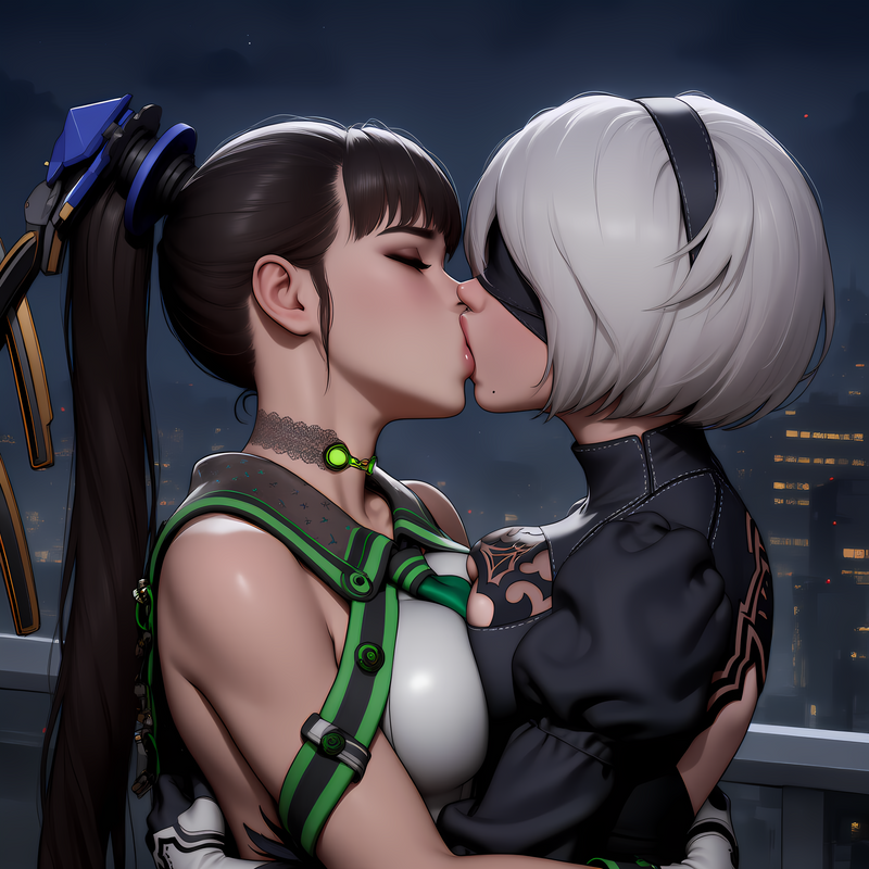 2girls, ai generated, android, black hair, blindfold, breast press, breasts, closed eyes, crossover, eve (stellar blade), eyes closed, female, french kiss, french kissing, hugging, kissing, lesbian, long hair, nier: automata, passionate, passionate kiss, ponytail, powerhouserift, saliva, saliva drip, saliva string, saliva trail, short hair, stellar blade, white hair, yorha 2b, yuri