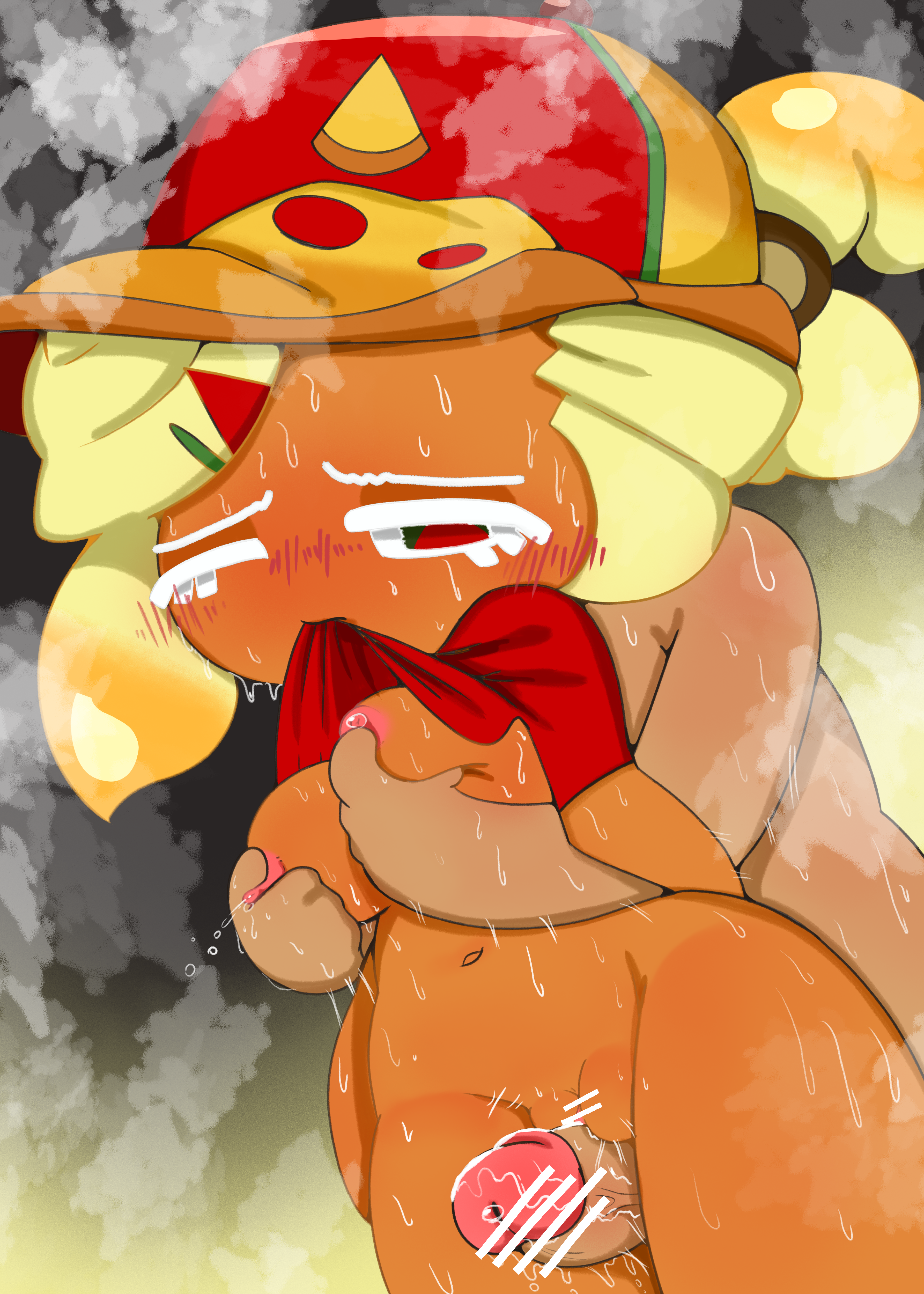 1boy1girl, biting shirt, blonde hair, breasts, cookie run, cookie run ovenbreak, female, grabbing another's breast, grabbing breasts, grabbing from behind, hardcore maniac, male, penis, penis between thighs, penis rubbing pussy, pizza cookie, pizza girl, pussy, tagme