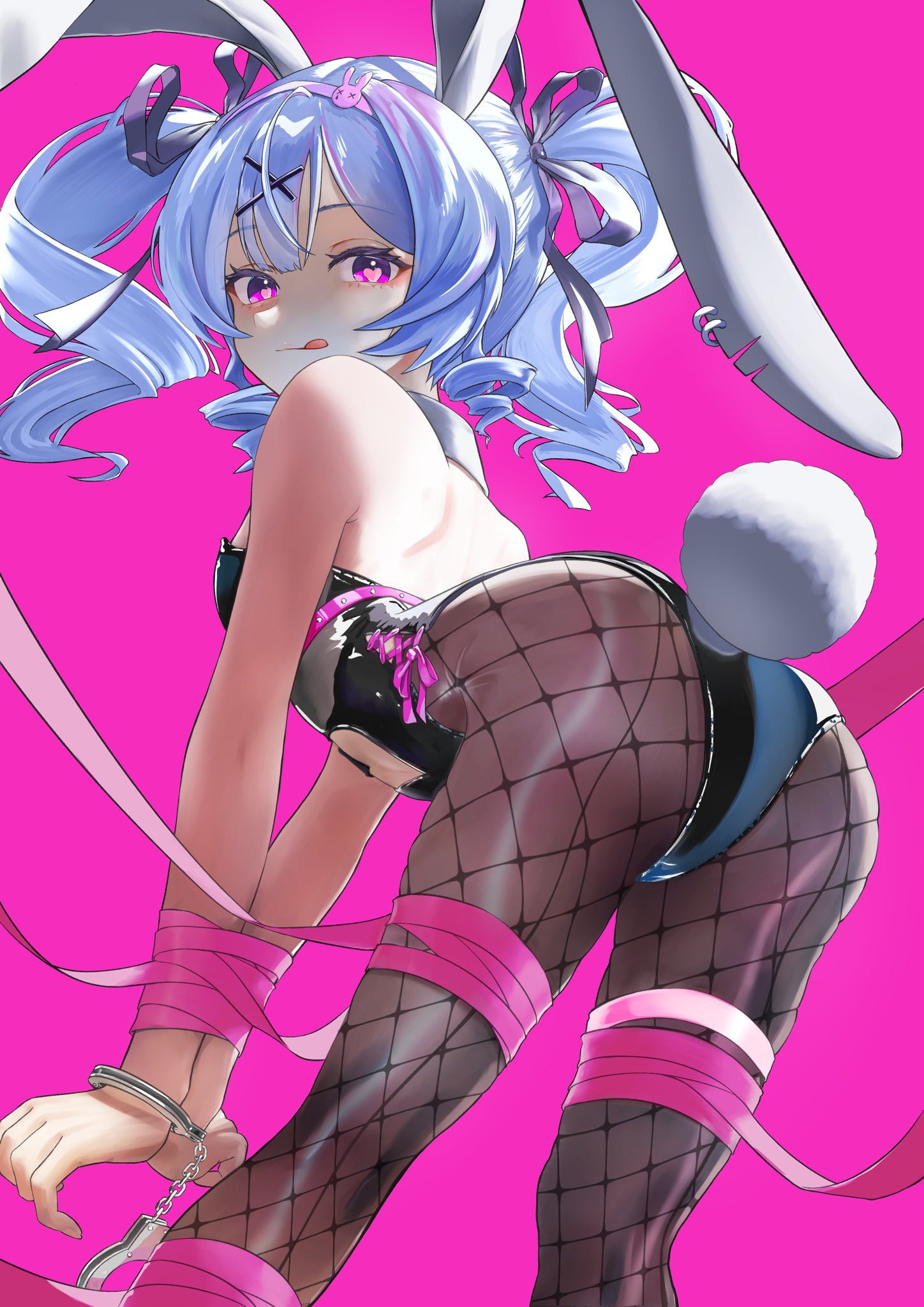 :q, 1girl, animal ears, ass, ass focus, bare shoulders, bdsm, black leotard, blue hair, bodysuit, bondage, bound, bound wrists, breasts, bunny ears, bunny girl, bunny tail, bunnysuit, cuffed, cuffs, drill hair, fake animal ears, female, female only, fishnet pantyhose, fishnets, flat chest, hair ornament, handcuffs, hatsune miku, headgear, heart-shaped pupils, leotard, long hair, looking at viewer, looking back, pantyhose, pink background, pink eyes, pink ribbon, playboy bunny, purple eyes, rabbit ears, rabbit hole (vocaloid), rabbit tail, ribbon, short hair, simple background, solo, symbol-shaped pupils, tagme, tagme (artist), tail, tied hair, tongue, tongue out, twin drills, twintails, viewed from behind, vocaloid