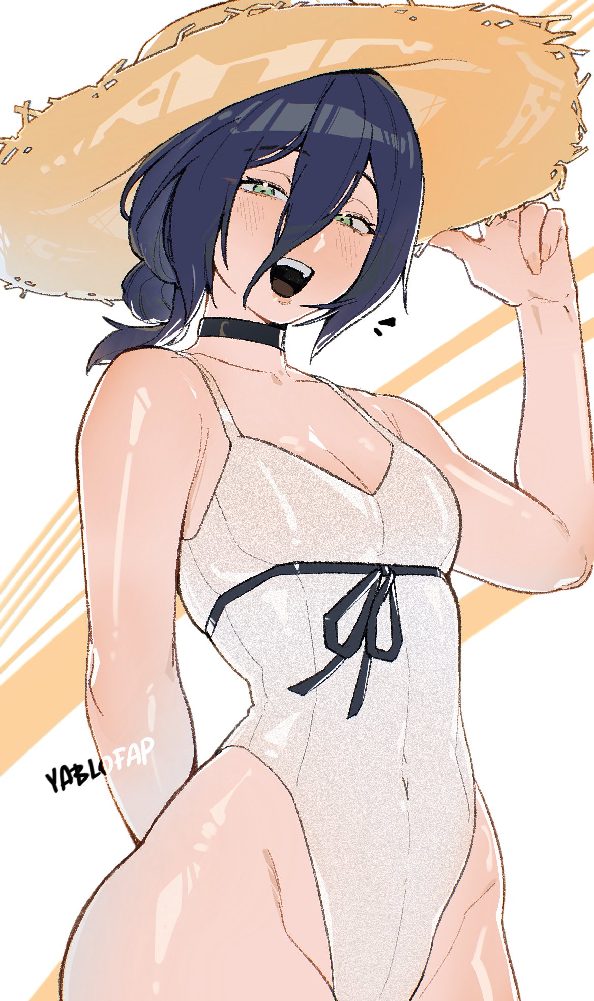 1girls, alohapz, black choker, black hair, breasts, chainsaw man, choker, cleavage, female, female only, green eyes, hair between eyes, hat, highlartist nameeg, highleg one-piece swimsuit, highres, long hair, one-piece swimsuit, open mouth, reze (chainsaw man), small breasts, solo, straw hat, sun hat, swimsuit, white one-piece swimsuit, yablofap