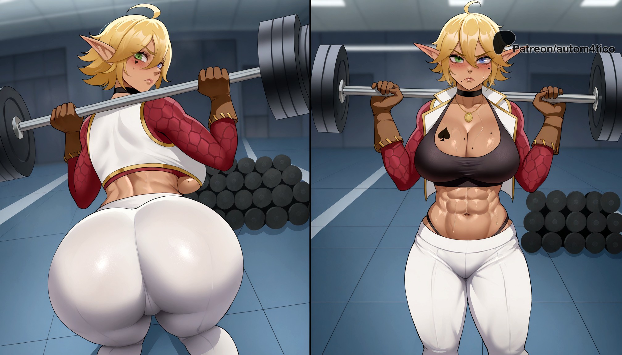 1girls, abs, ahoge, ai generated, ass, ass focus, aura bella fiora, autom4tico, black choker, black sports bra, blonde hair, blush, breast tattoo, breasts, brown gloves, choker, cleavage, closed mouth, collarbone, dark elf, dark skin, dark-skinned female, dumbbell, elf, exercise, female, from behind, gloves, green eyes, gym, hair between eyes, heterochromia, highleg, highleg panties, huge ass, indoors, jewelry, large breasts, looking at viewer, looking back, mole, mole on breast, multiple views, navel, necklace, number tattoo, overlord (maruyama), panties, pants, pointy ears, purple eyes, short hair, spade tattoo, sports bra, sweat, tattoo, thong, underboob, underwear, weightlifting, white pants, yoga pants