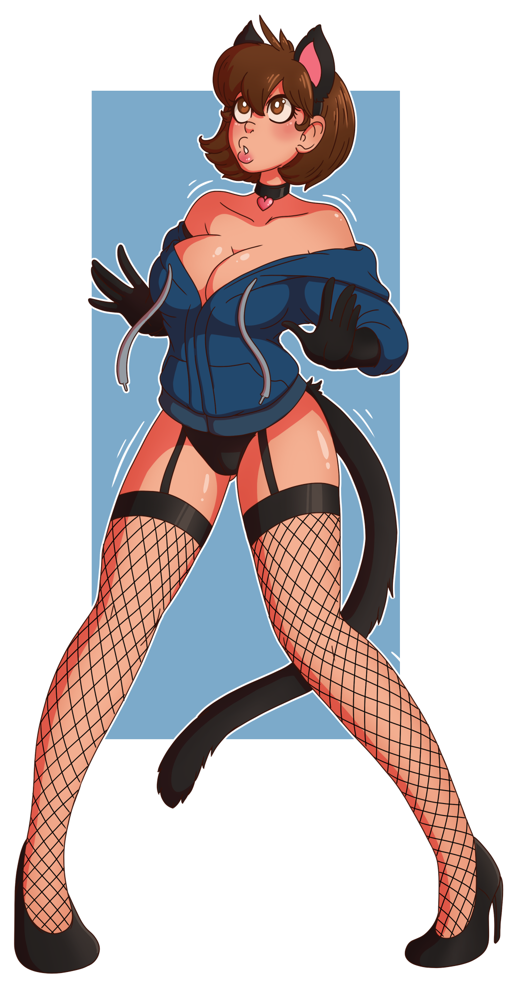 big breasts, bimbo, bimbo lips, bimbofication, breasts, brown hair, cat ears, collar, fake animal ears, female, skimpy, sweater, sweater down, transformation, wrenzephyr2