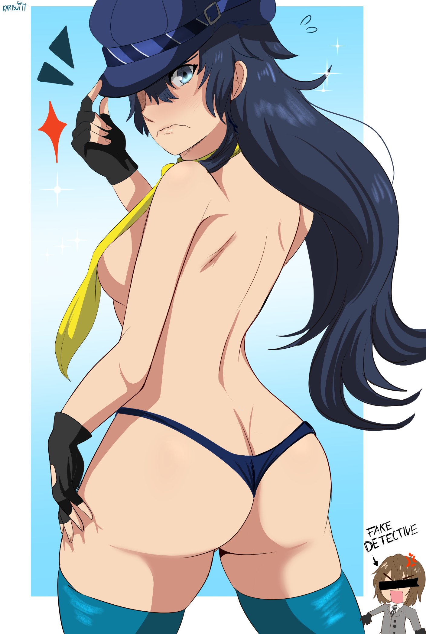 alternate version available, ass, atlus, big breasts, blue hair, breasts, censor bar, censored eyes, embarrassed nude female, embarrassed underwear female, female, fingerless gloves, gloves, goro akechi, hair over one eye, hat, karbuitt, long hair, looking at viewer, looking back, necktie, persona, persona 4, persona 5, persona x detective naoto, semi nude, shirogane naoto, stockings, thighhighs, thong, topless female