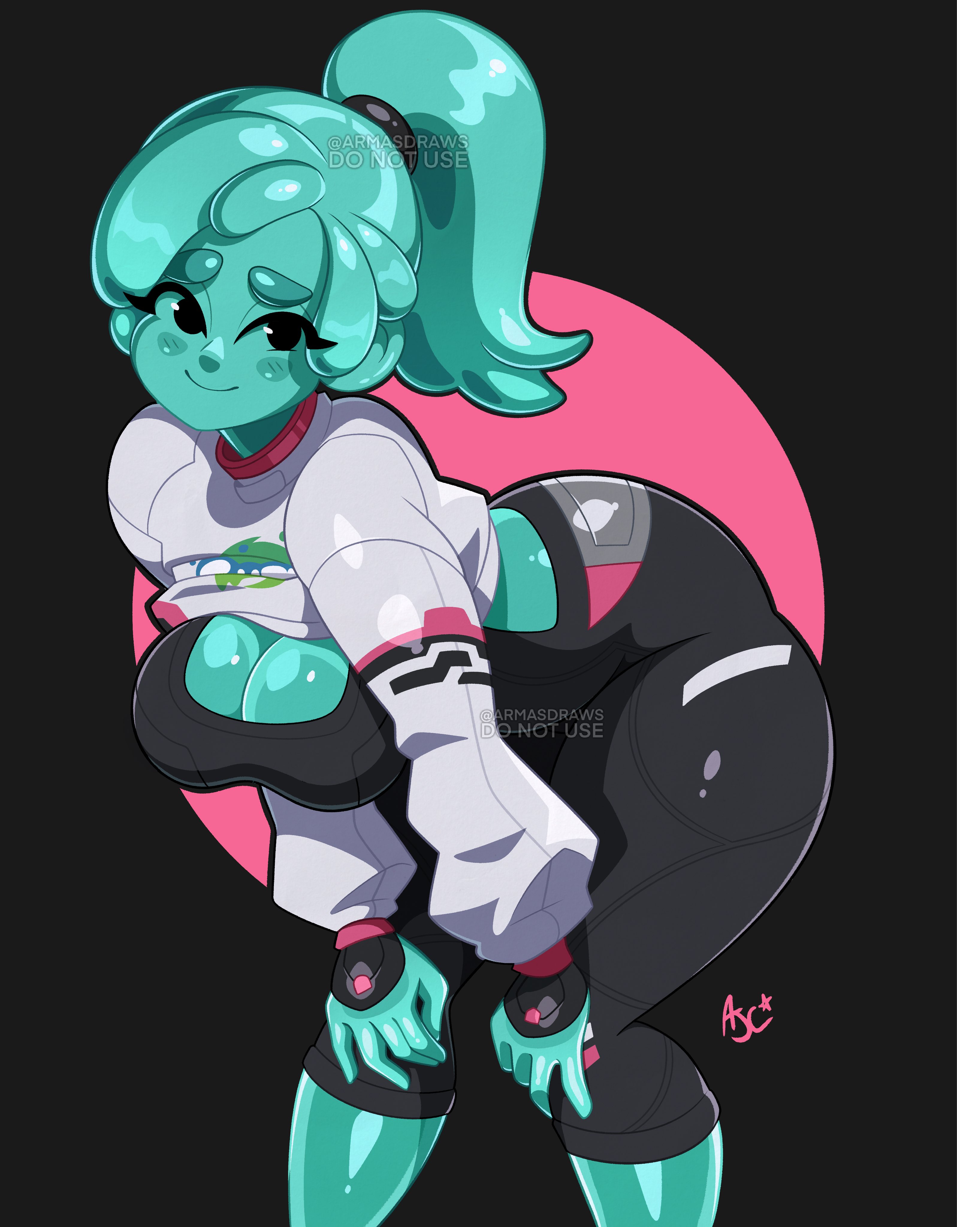 armasdraws, bending over, big breasts, breasts, cleavage, clothed, ella slurp, female, fortnite, looking at viewer, pinup, slime, slime girl, slurp (fortnite)