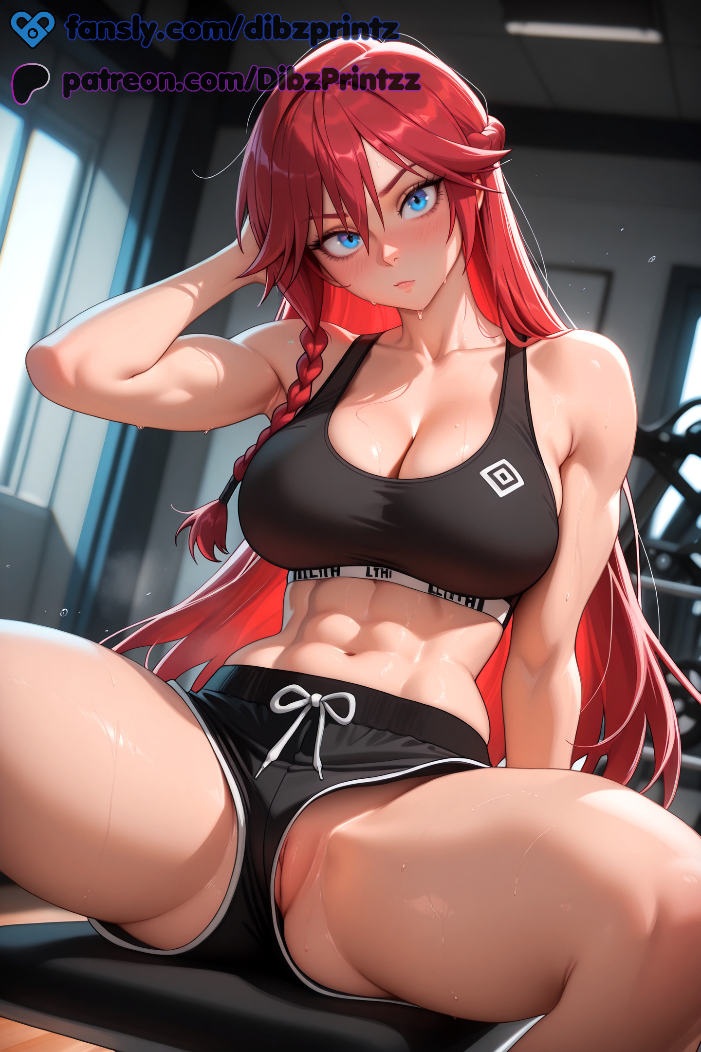 1girls, abs, ai, ai assisted, ai generated, anime, artist name, asami lilith, bare shoulders, black shorts, black sports bra, blue eyes, blush, braid, breasts, cleavage, closed mouth, collarbone, dibzprintz, dolphin shorts, fansly, female, gym, hair between eyes, hi res, high quality, high resolution, highres, indoors, large breasts, long hair, looking at viewer, muscular, muscular female, navel, partially visible vulva, patreon username, pussy, red hair, short shorts, shorts, sitting, solo, sports bra, spread legs, sweat, thighs, trinity seven, watermark