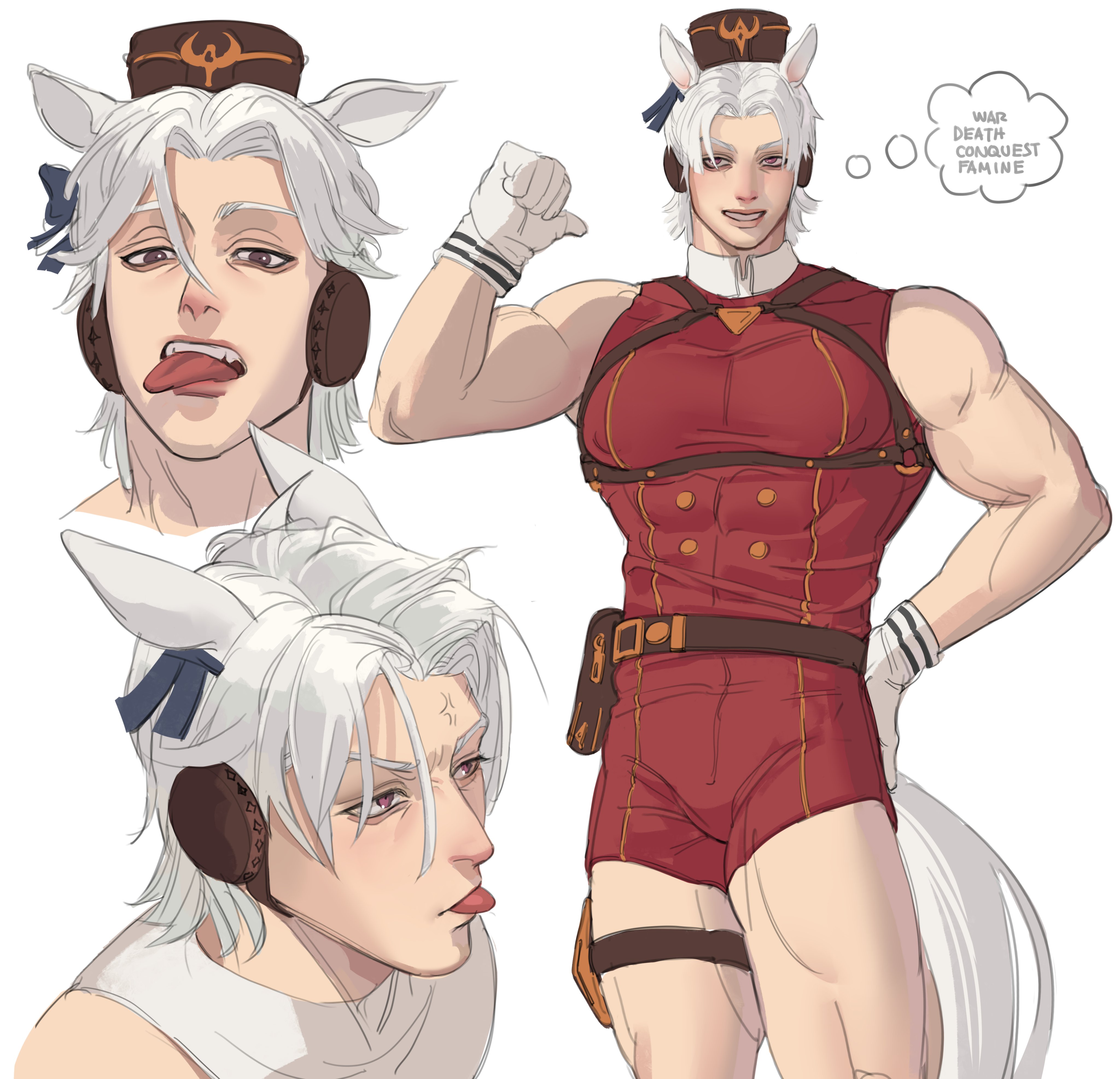 1boy, absurdres, anger vein, angry, animal ears, biceps, english text, genderswap (ftm), gloves, gold ship (umamusume), hat, highres, horse, horse boy, horse ears, horse tail, kcokaine, male, male focus, male only, muscular, muscular male, muscular thighs, rule 63, tail, tongue, umamusume, umamusume pretty derby, white eyebrows, white gloves, white hair