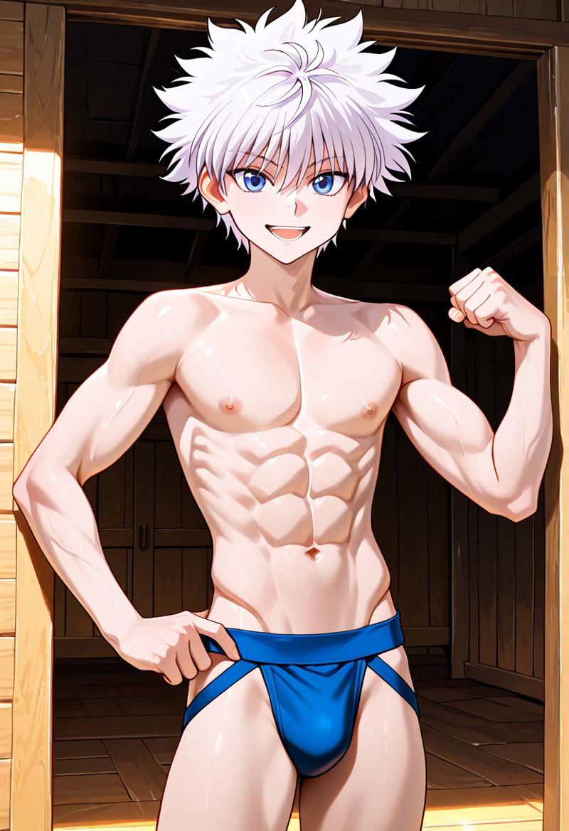 abs, ai generated, ass, back, biceps, blue eyes, blush, gay, hunter x hunter, jockstrap, jockstrap only, killua zoldyck, looking at viewer, looking back, male, male only, messy hair, muscular, muscular male, nipples, nude, nude male, open mouth, pecs, smile, toned body, toned male, twall97, twink, white hair