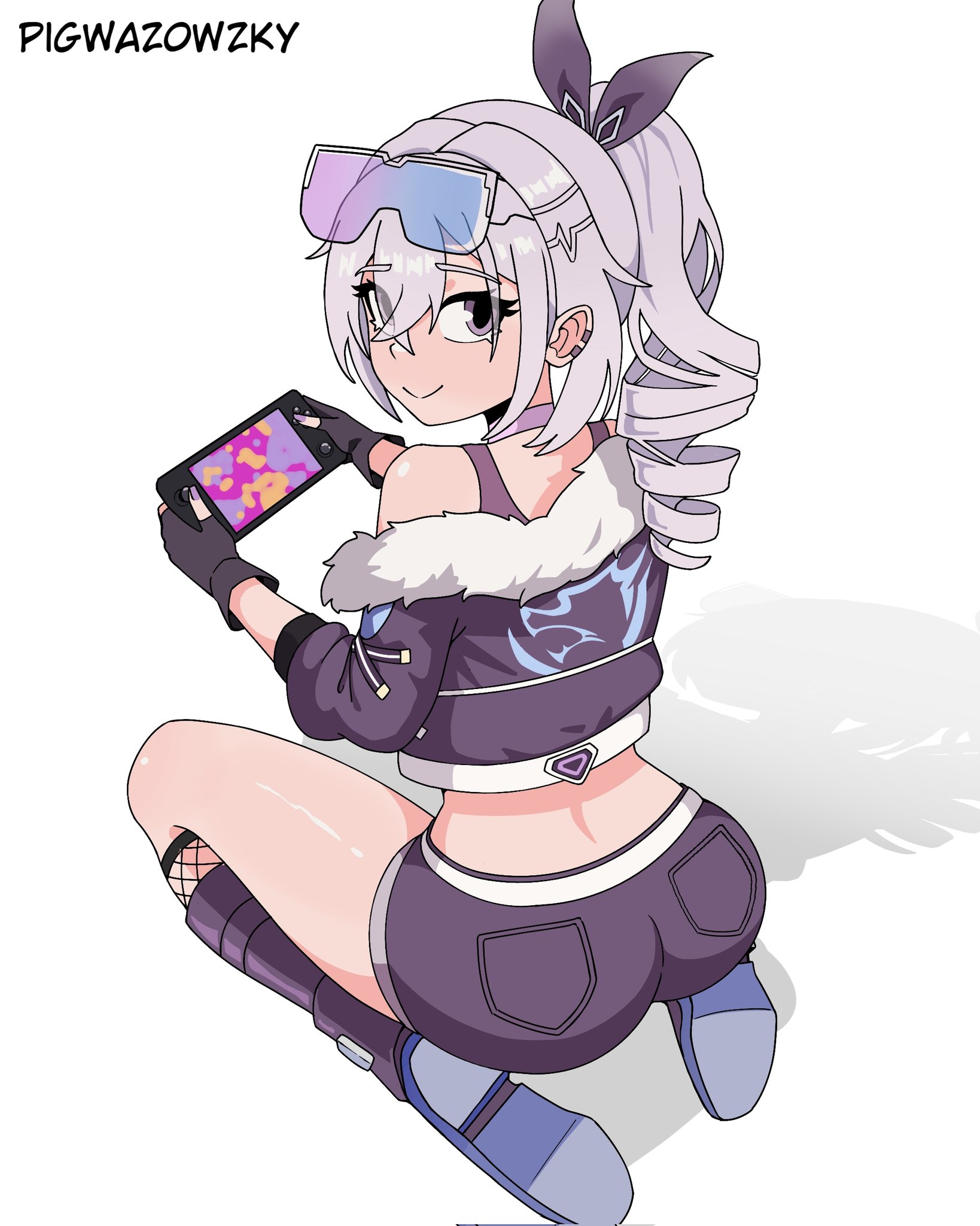 back view, big ass, big butt, big thighs, clothing, commission, female, female focus, female only, honkai: star rail, jpeg, nintendo switch lite, pigwazowzky, purple clothing, short hair, silver wolf (honkai: star rail), white hair