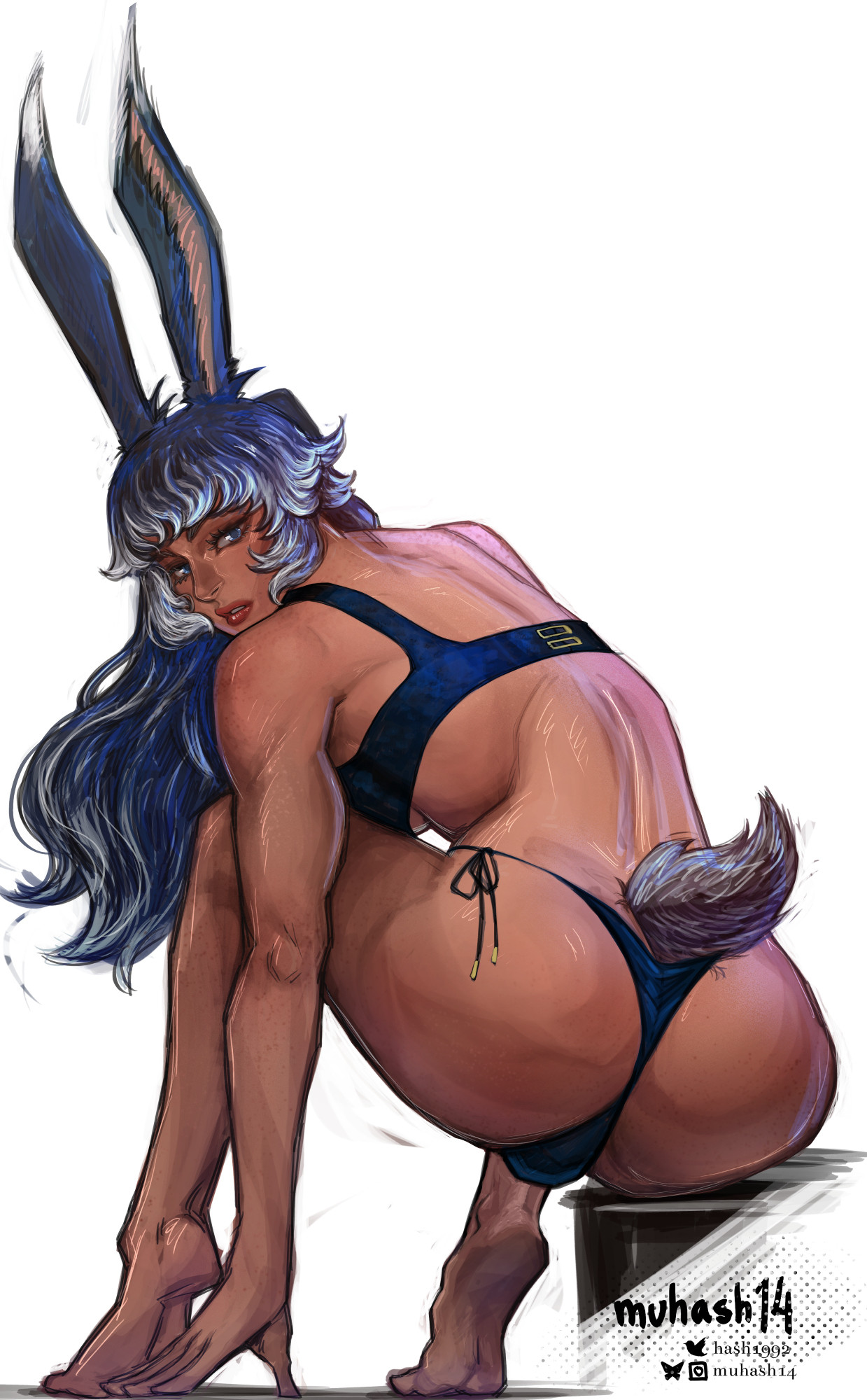 ass, ass focus, bikini, bulge, dark skin, final fantasy xiv, futanari, intersex, long hair, muhash14, solo futa, viera