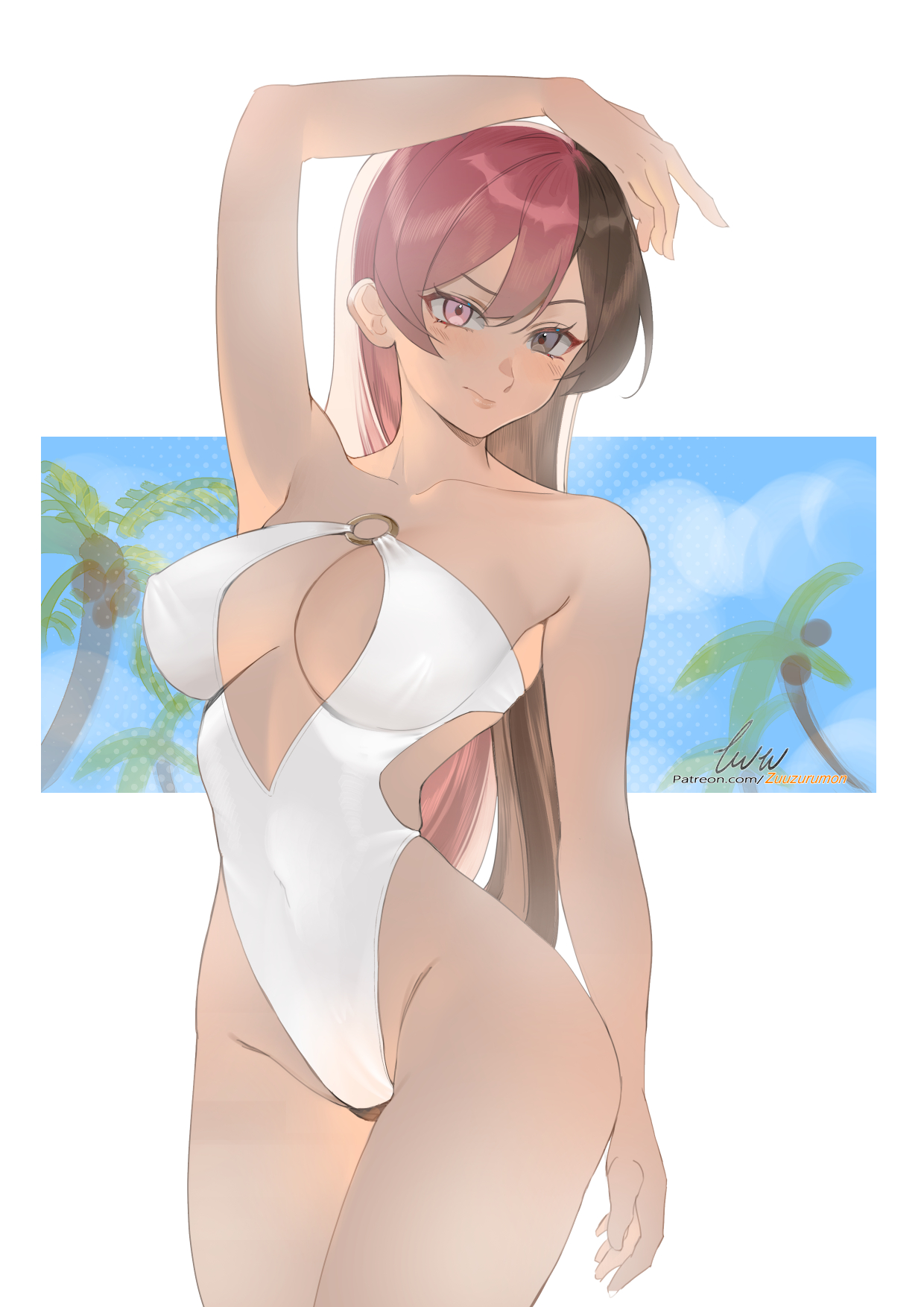 arm behind back, beach background, blush, breasts, breasts apart, brown hair, female, firelordzuu, hand in own hair, heterochromia, light smile, long hair, medium breasts, multicolored hair, navel, neo (rwby), neopolitan (rwby), nipples, one-piece swimsuit, patreon username, pink eyes, pink hair, rwby, sidelocks, smile, solo, summer, tagme, thighs, white background