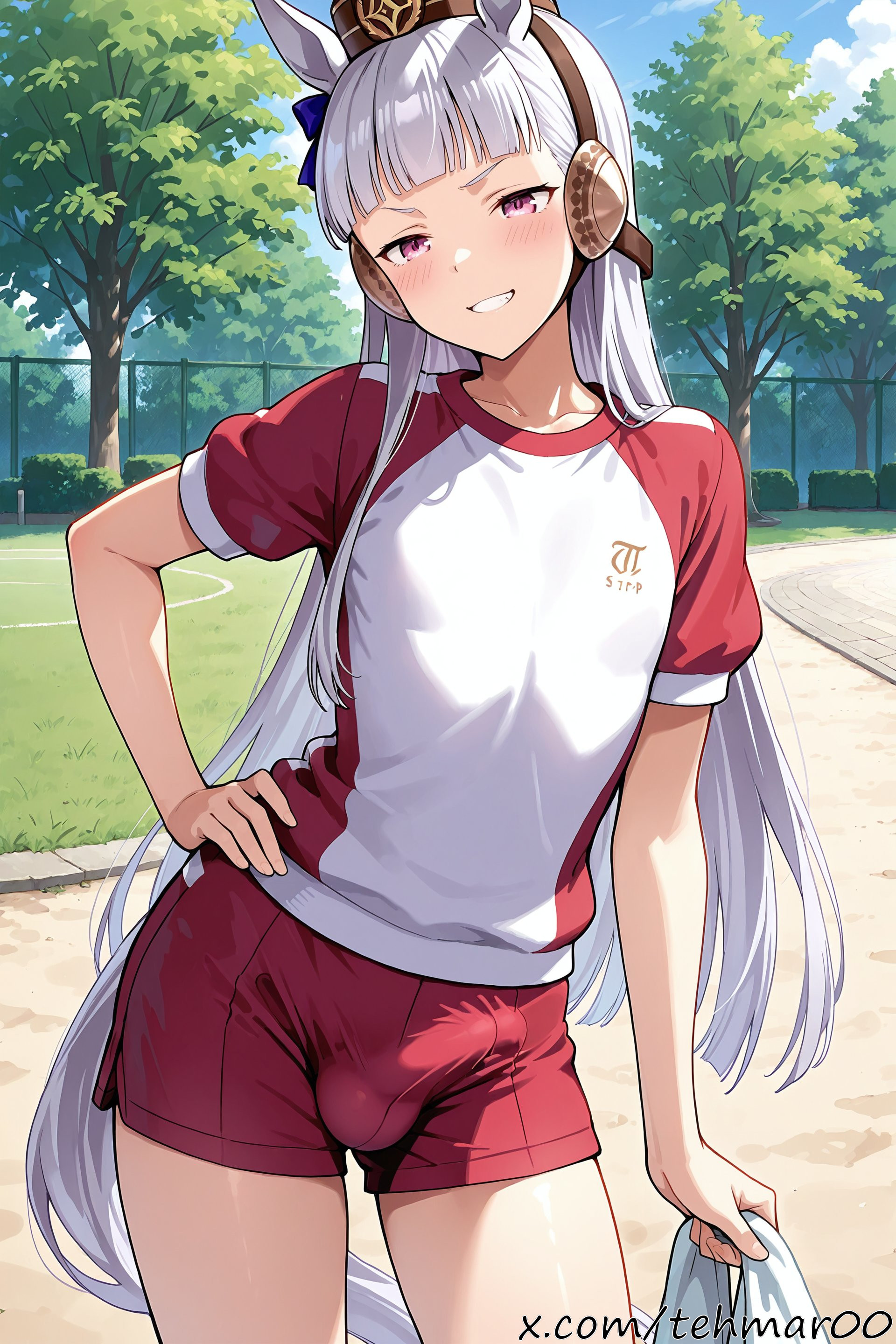 1boy, ai generated, bulge, femboy, genderswap (ftm), gold ship (umamusume), hand on hip, holding towel, horse ears, long hair, looking at viewer, male, penis, penis bulge, pink eyes, rule 63, shorts, smile, solo, standing, t-shirt, tagme, tail, tehmar, tracen training uniform, trans woman, transfem, trap, umamusume, white hair