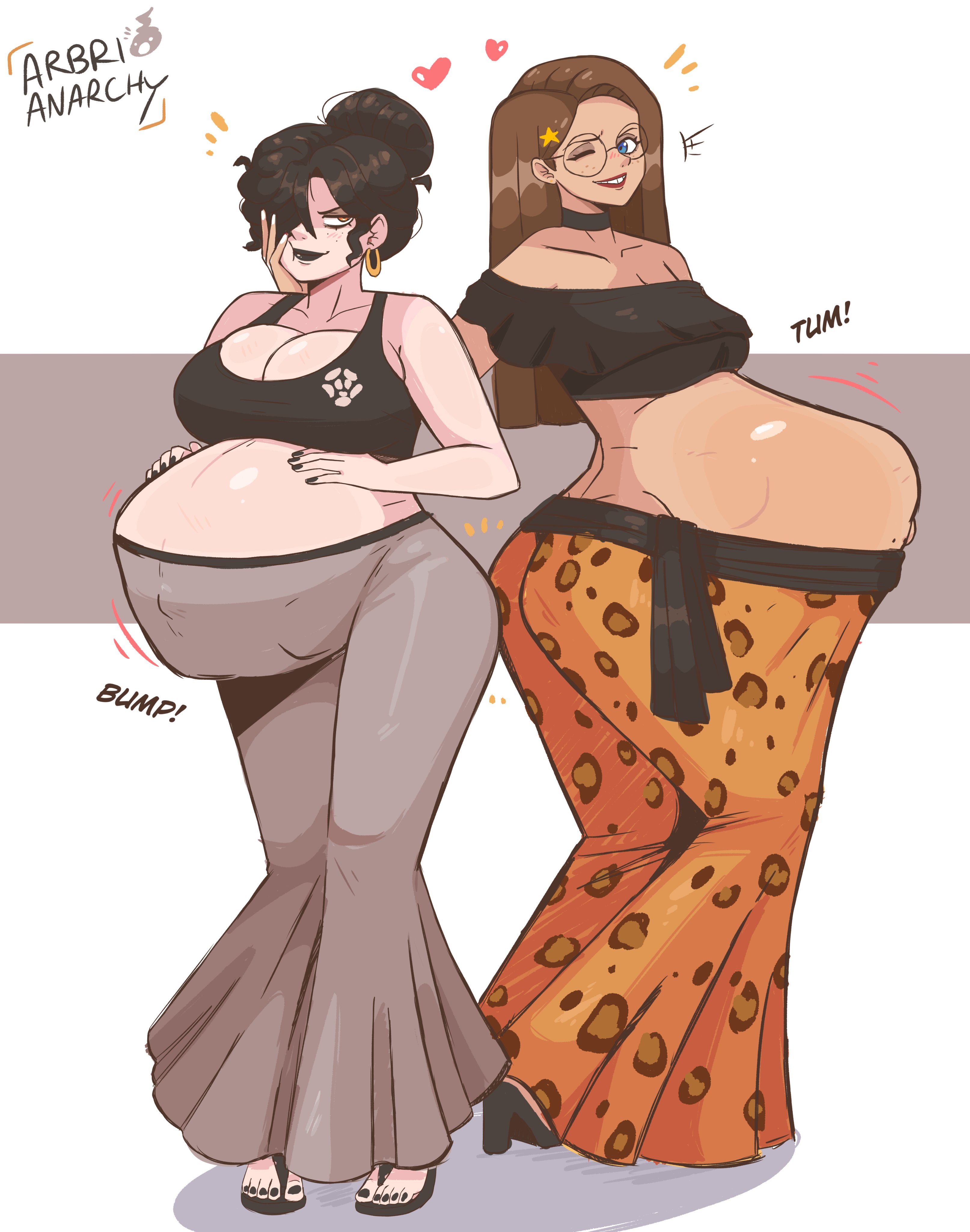 2girls, alternative version, arbrianarchy, bump, female, fetal movement, kicking (pregnancy), maternity clothes, nails painted, oc, original character, pregnant, pregnant female, super belly